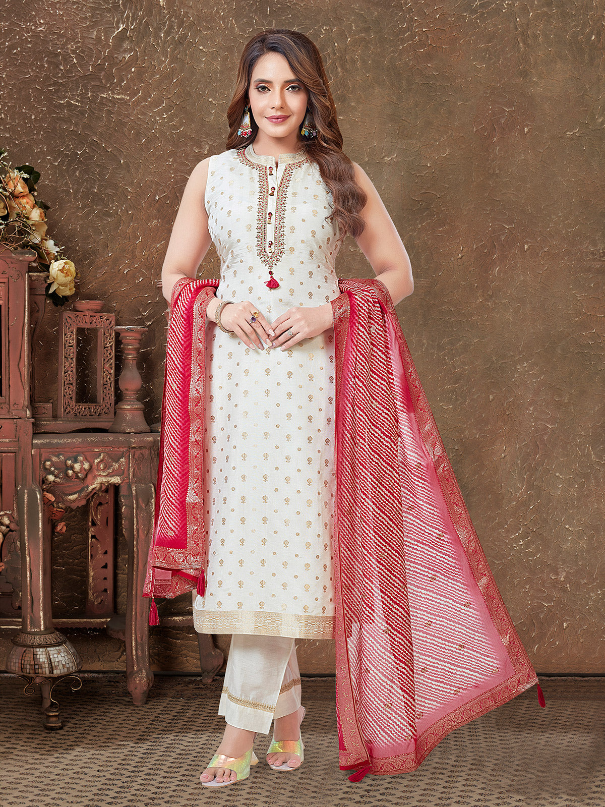 Off white silk straight salwar suit with stand collar
