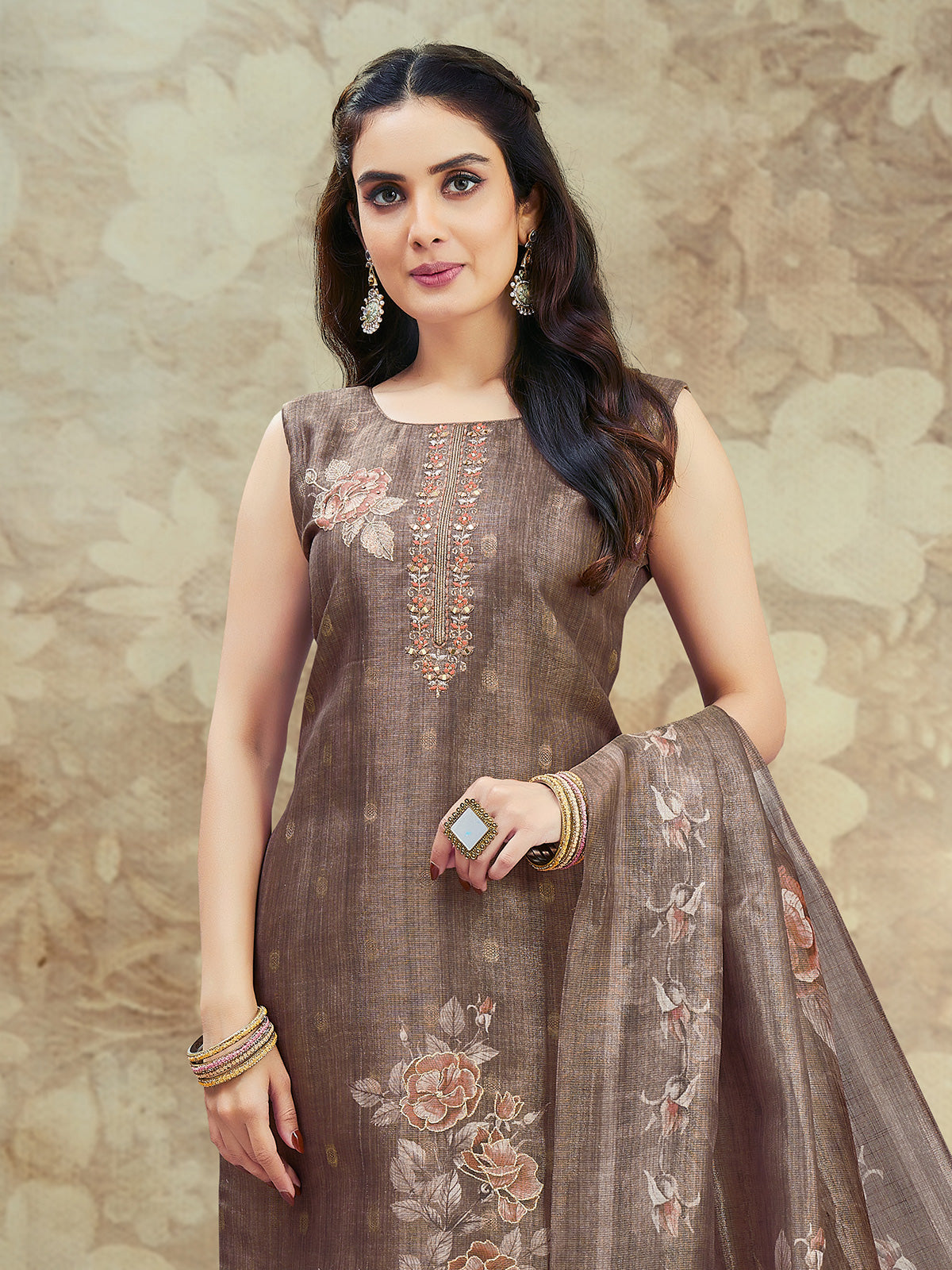 Pastel brown silk straight suit with floral print