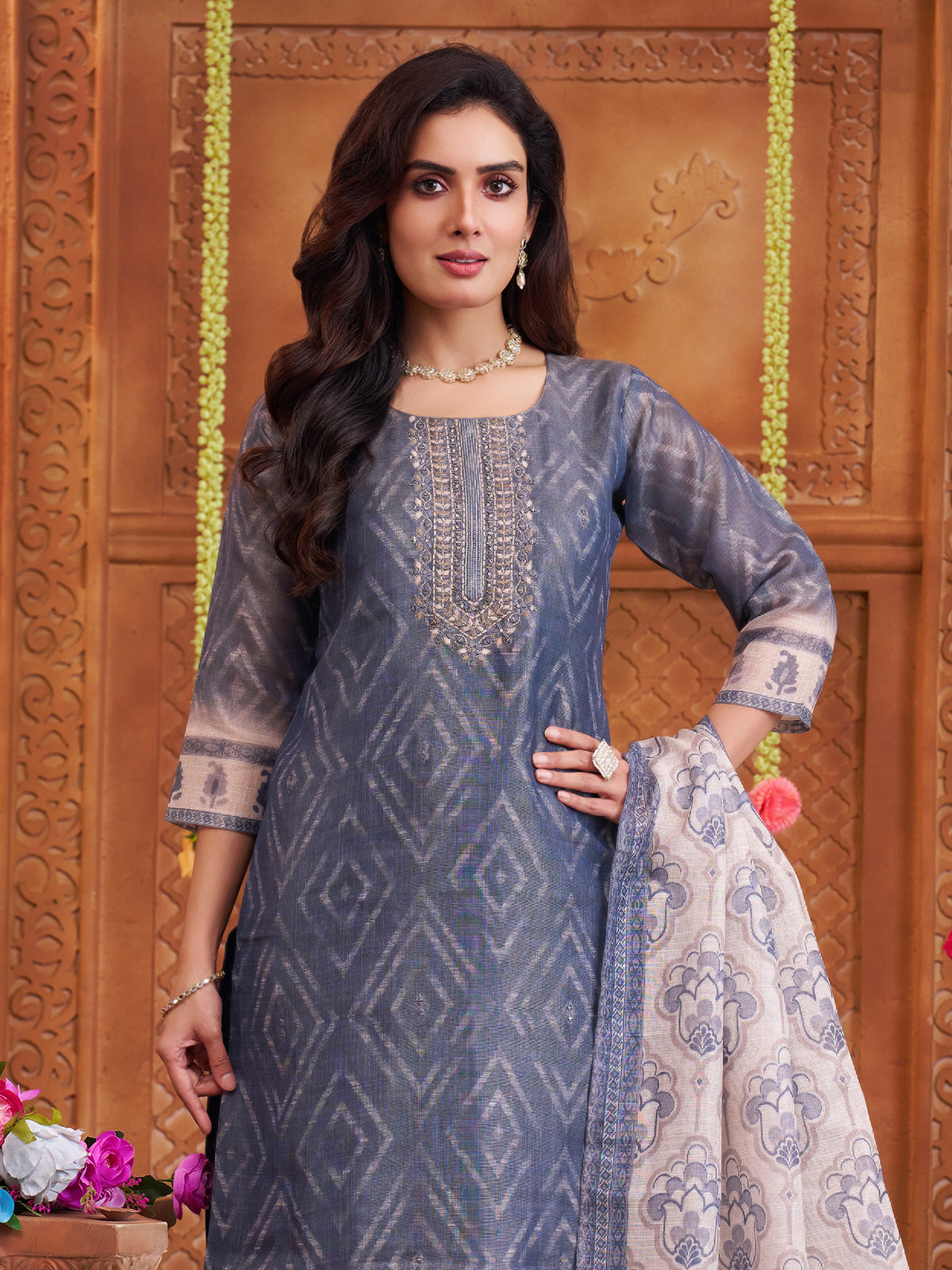 Stone grey cotton linen straight suit with aabla work
