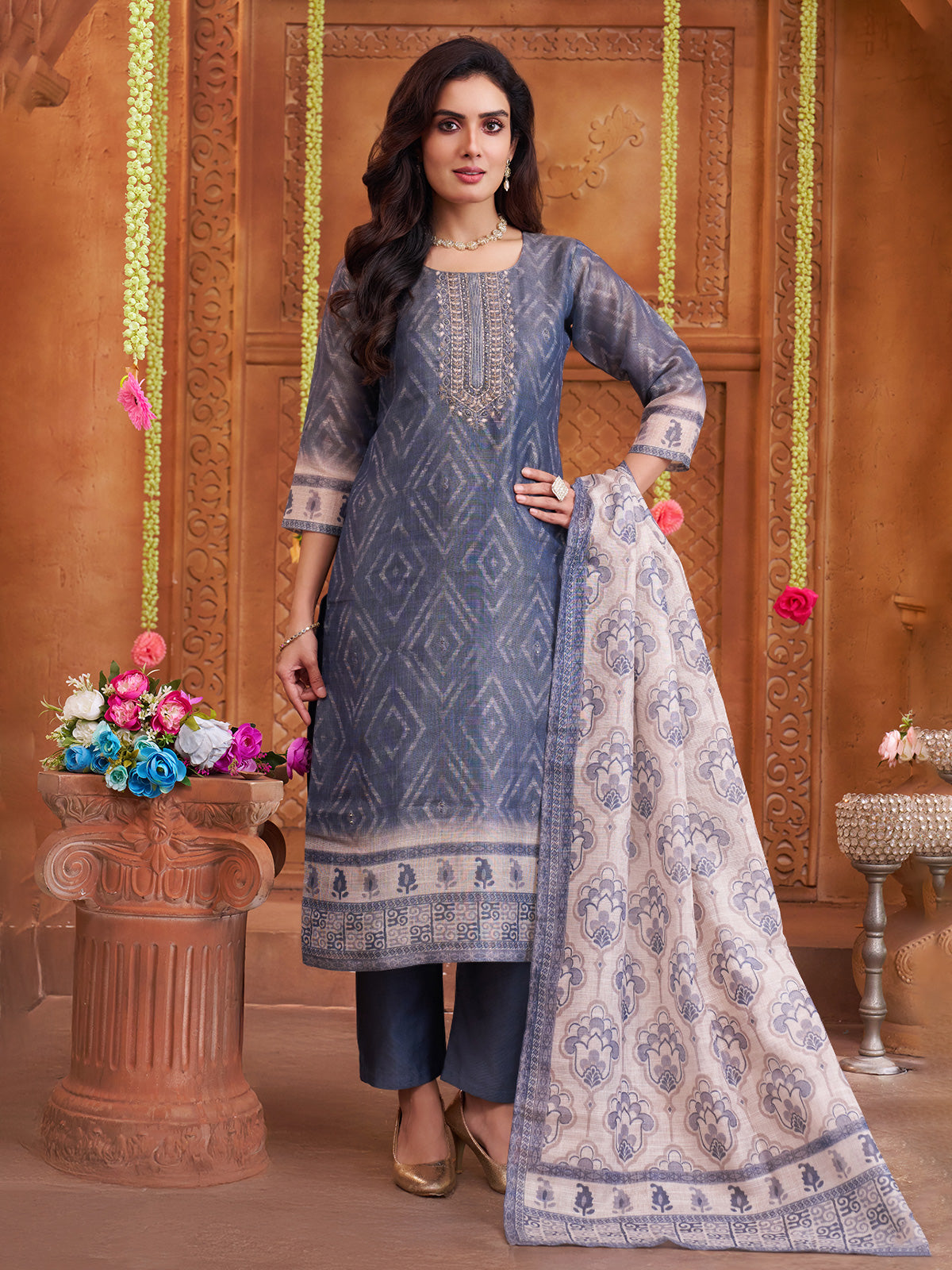 Stone grey cotton linen straight suit with aabla work