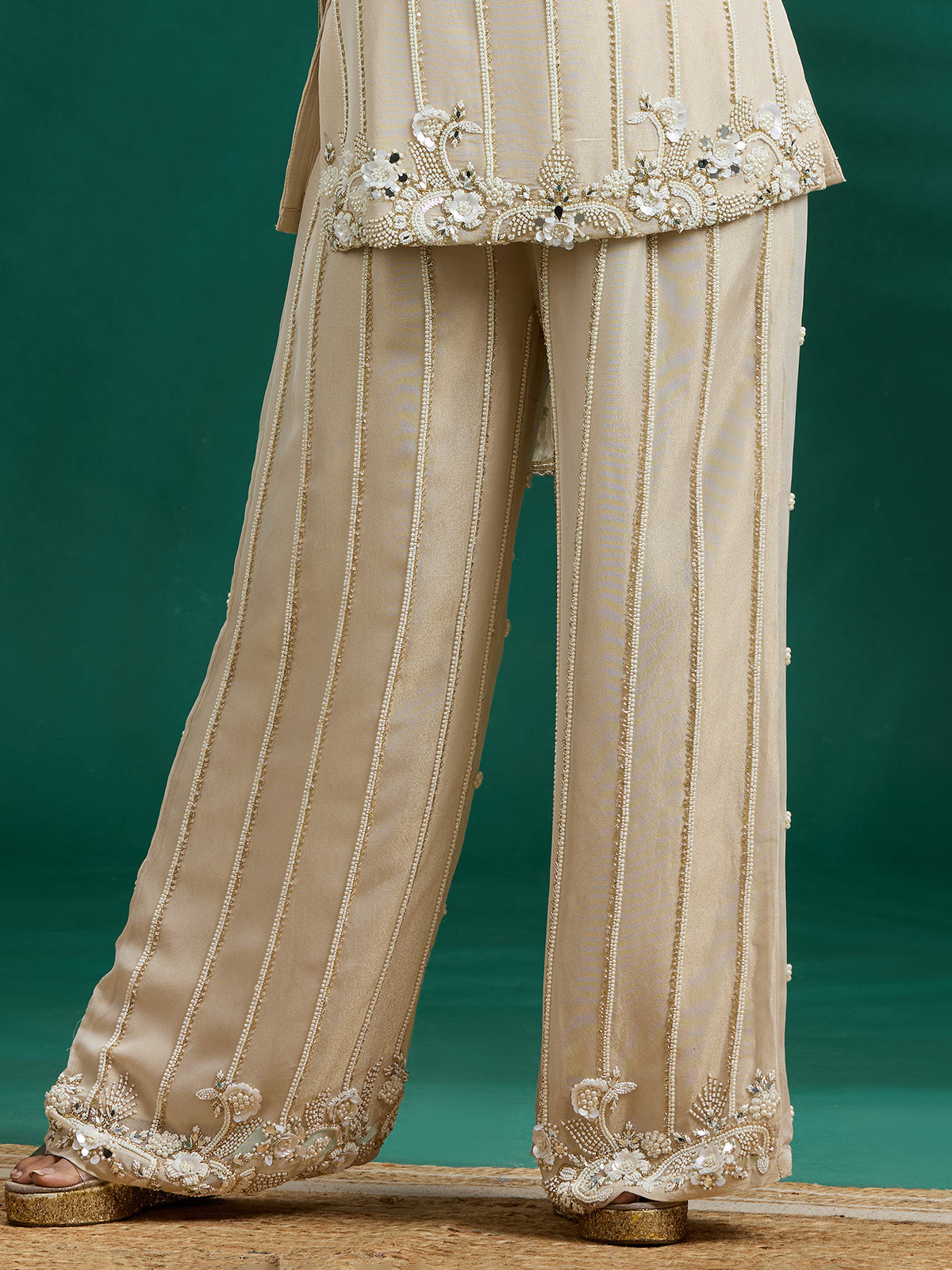 Subtle cream silk palazzo set with refined embellishments