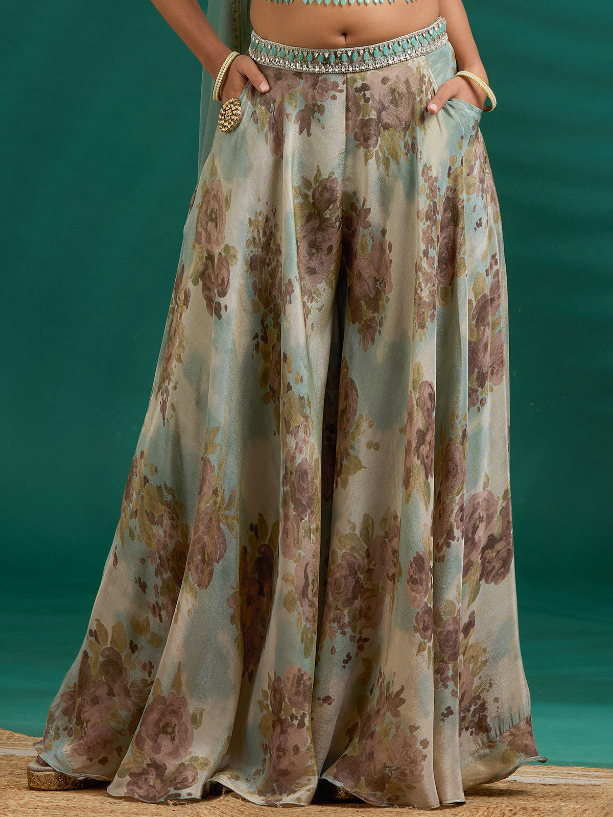 Muted floral crystal embellished palazzo set elegance