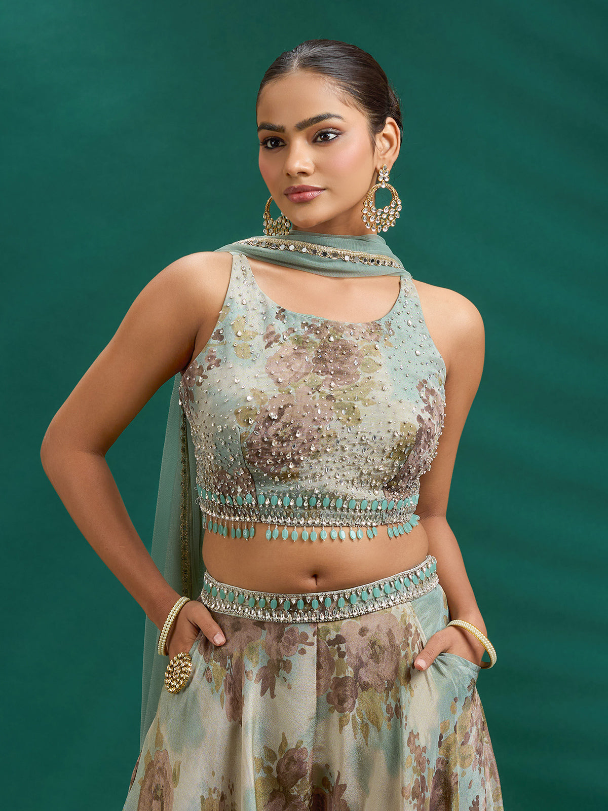 Muted floral crystal embellished palazzo set elegance