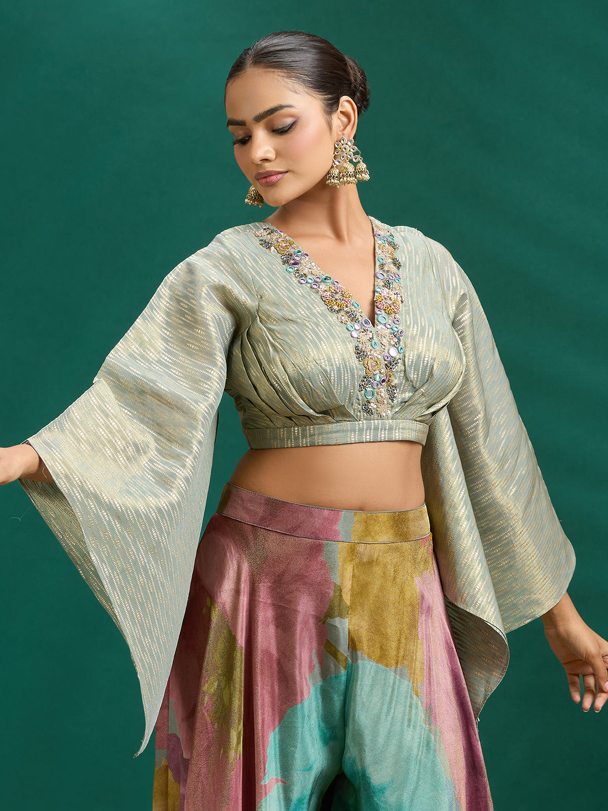Vibrant multicolor floral palazzo set with volume sleeves