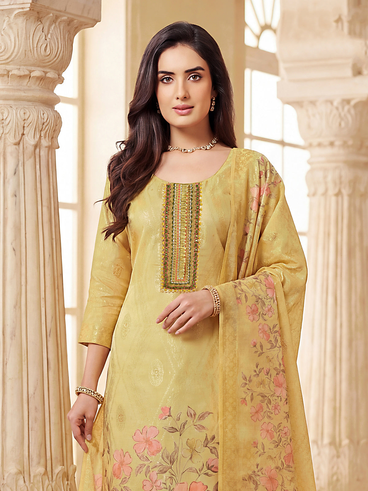 Light yellow cotton silk salwar suit with zari work