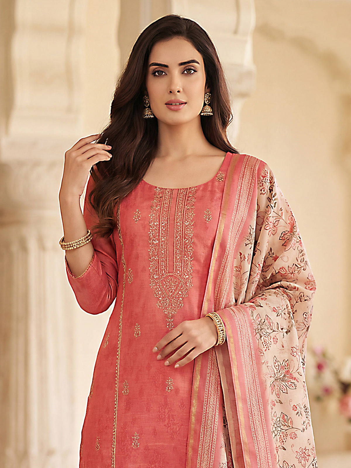 Peach silk straight cut salwar suit with floral dupatta