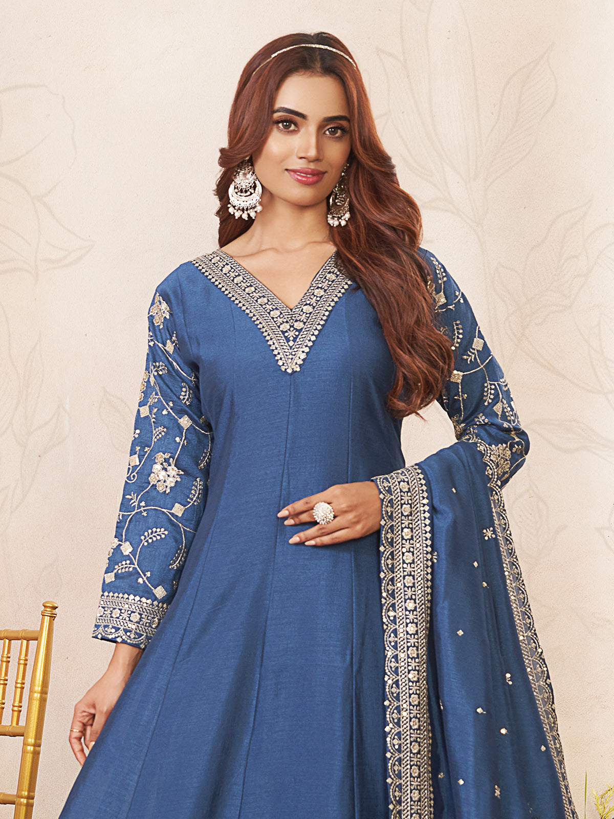 Blue silk anarkali suit with flowing elegance