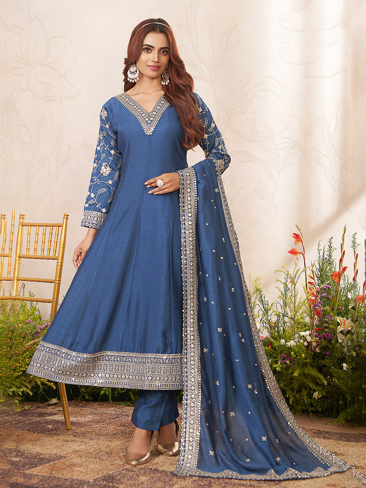 Blue silk anarkali suit with flowing elegance
