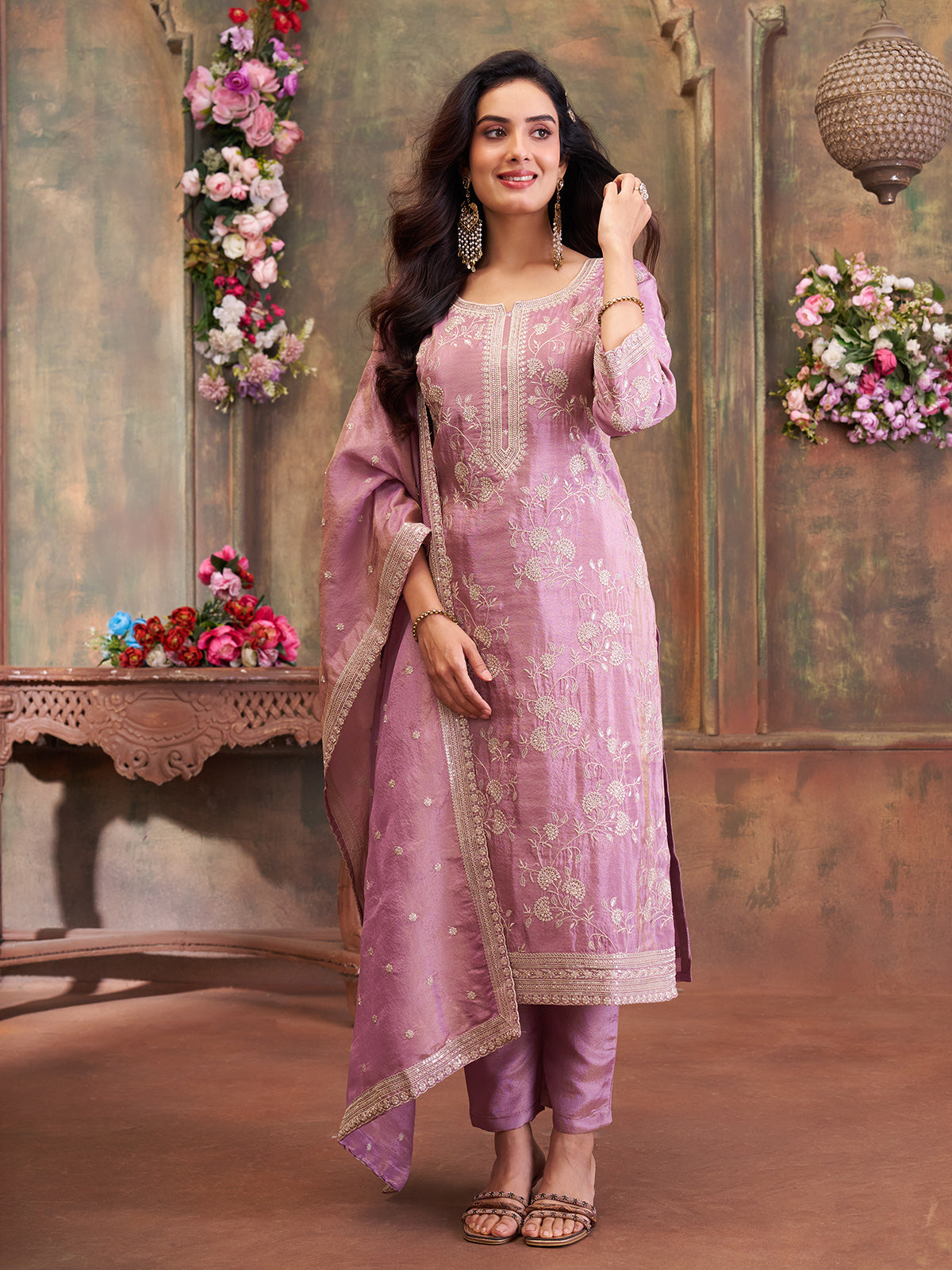 Pastel pink silk straight suit with subtle shimmer