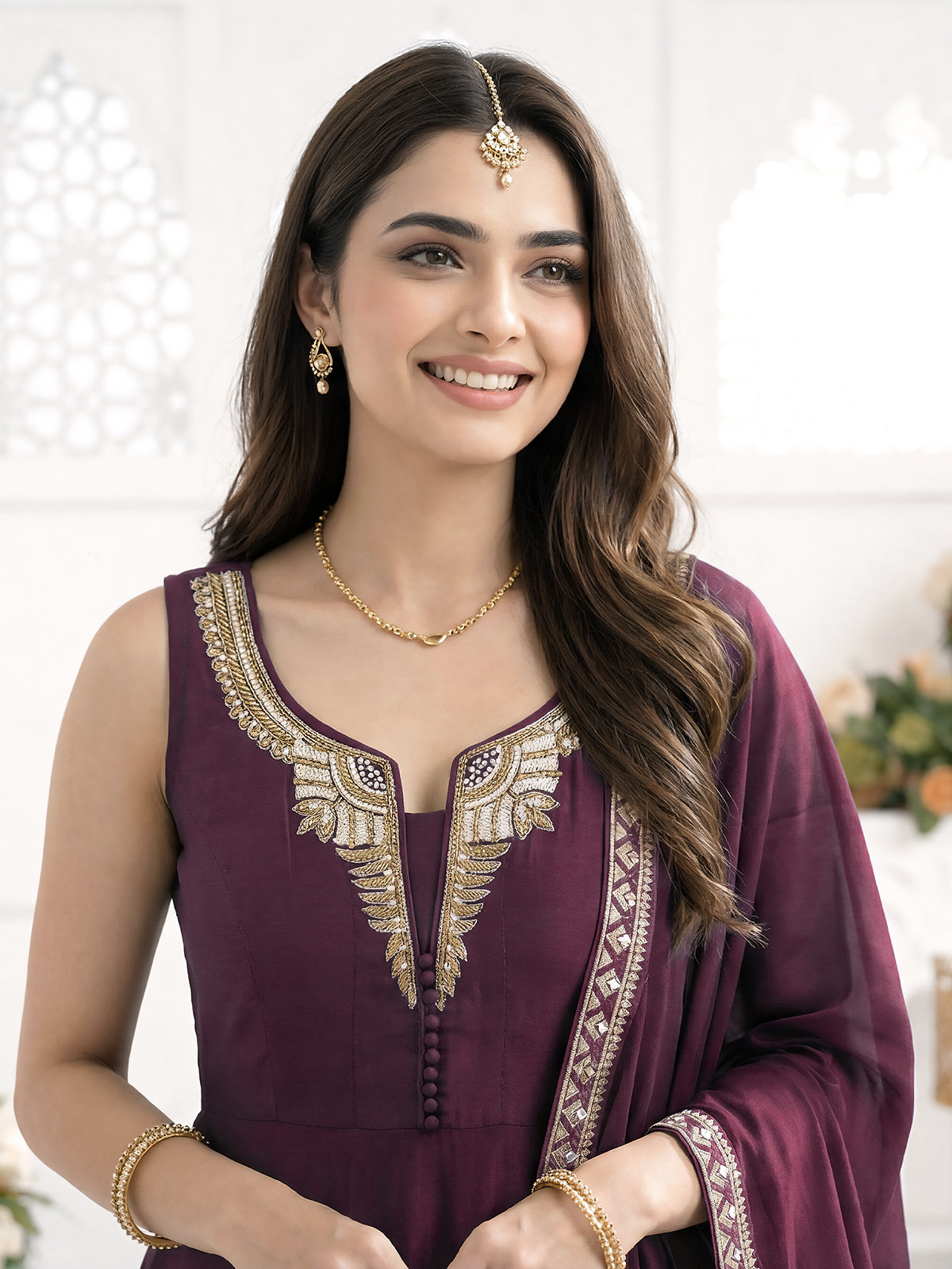 Wine georgette palazzo suit with zardosi and zari work