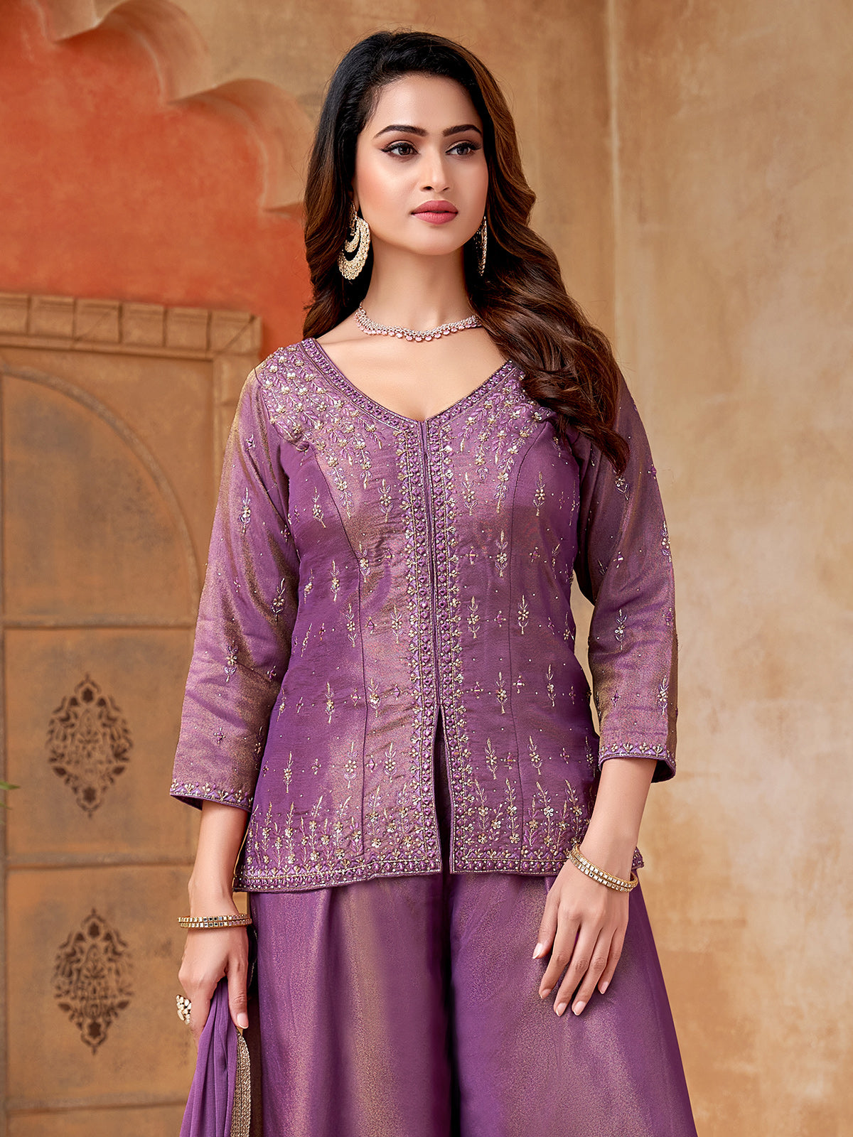 Pastel purple silk palazzo suit with stone accents