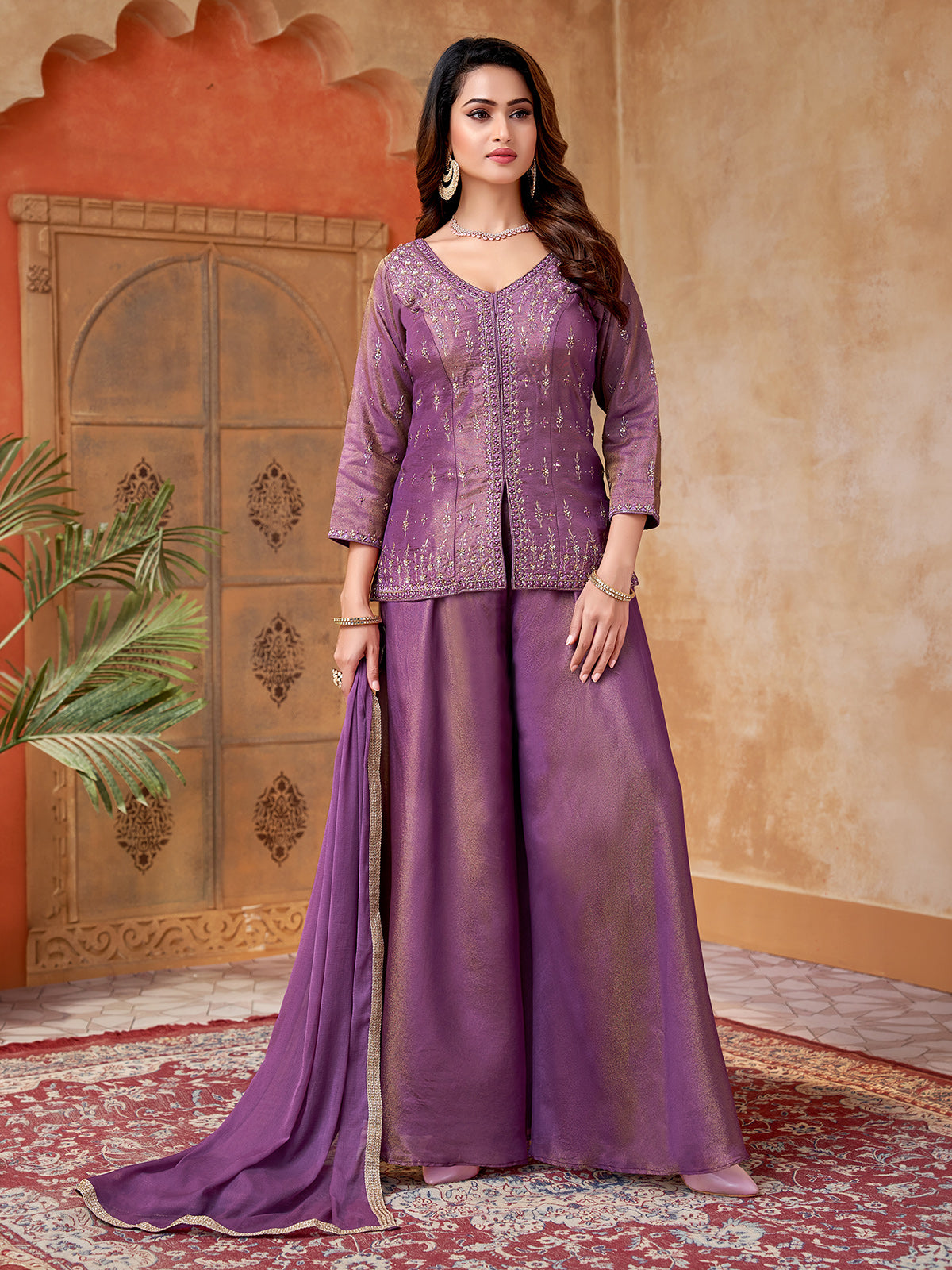 Pastel purple silk palazzo suit with stone accents