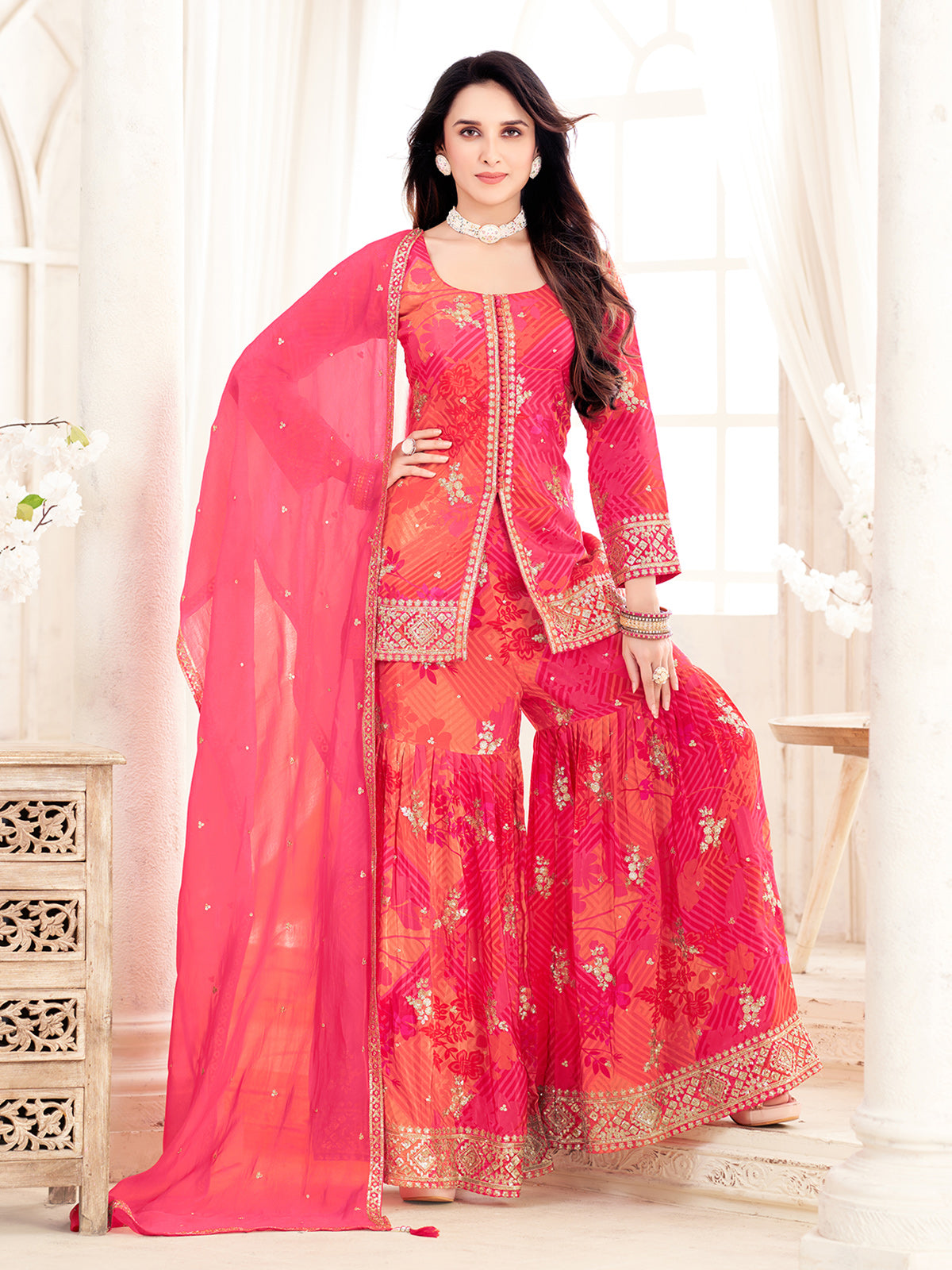 Pink floral printed silk sharara suit with dupatta