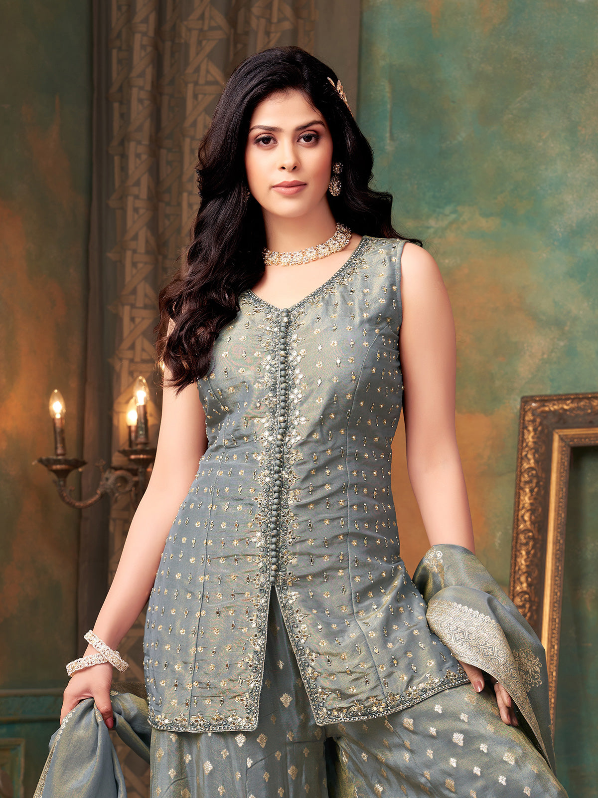 Pastel grey silk palazzo suit with zari butti design