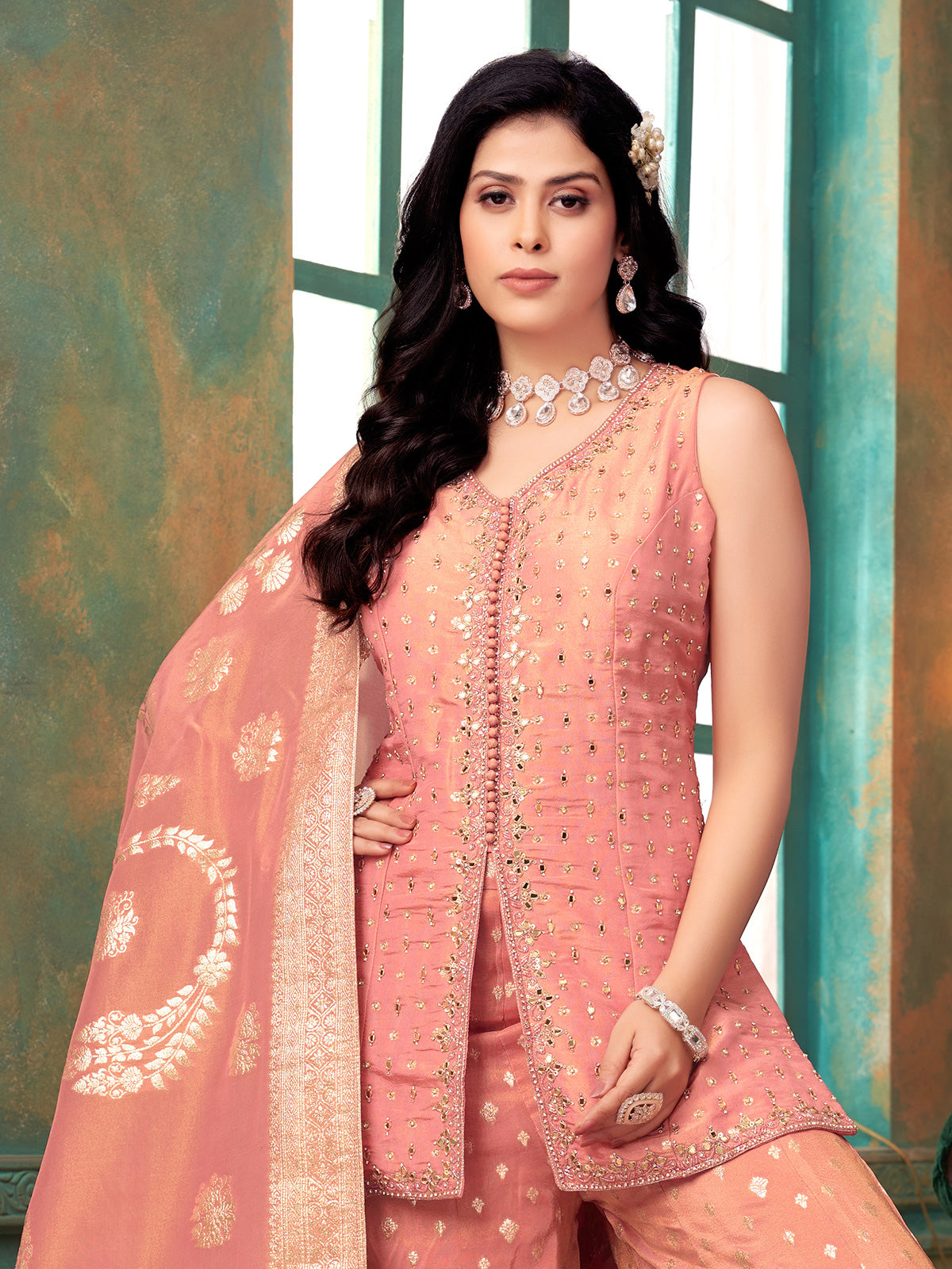 Onion pink silk palazzo suit with zari butti work