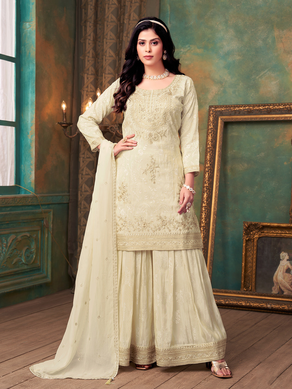 Cream tissue silk sharara suit pakistani style with dupatta