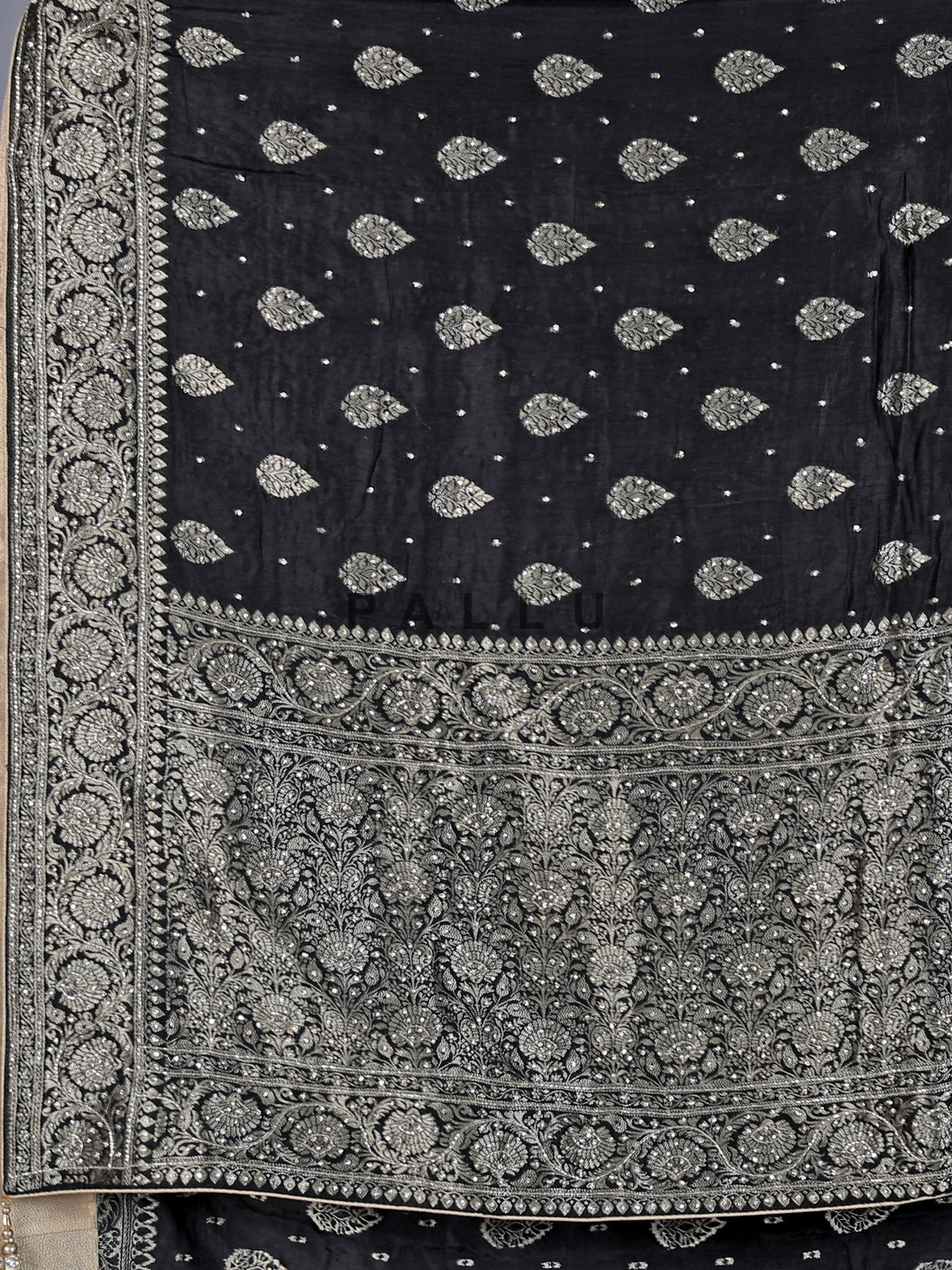 Black dola silk saree with diamond zari butta detailing