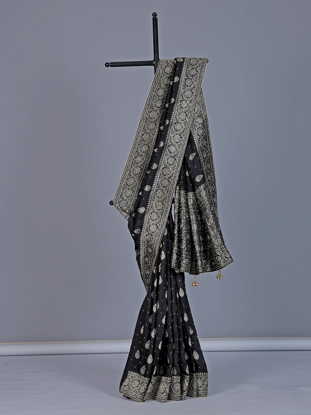 Black dola silk saree with diamond zari butta detailing