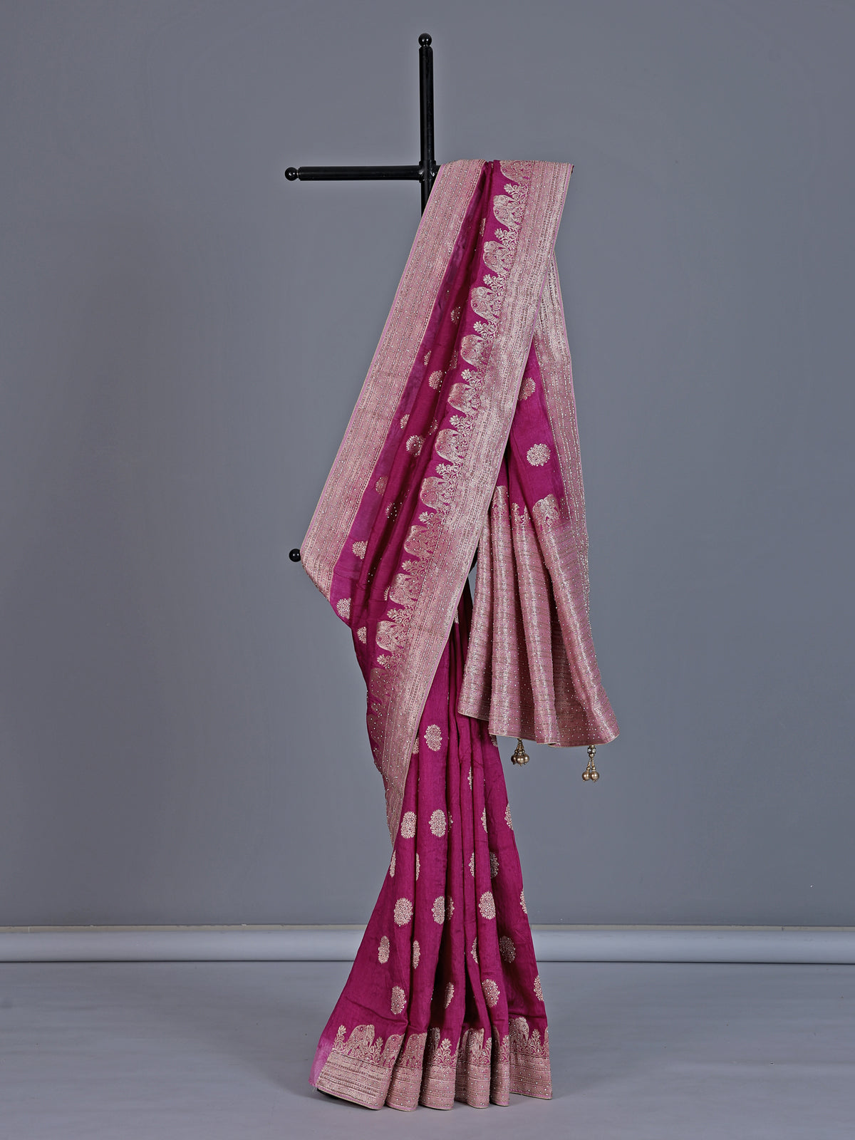 Bright wine dola silk saree with elephant motif elegance