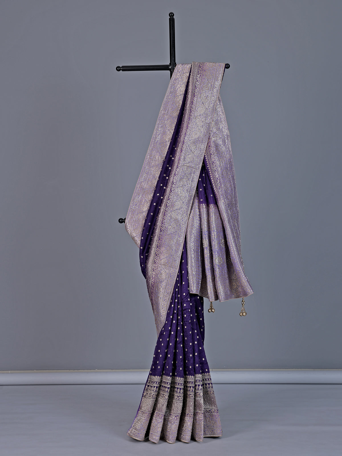 Purple dola silk saree with stone zari butti elegance