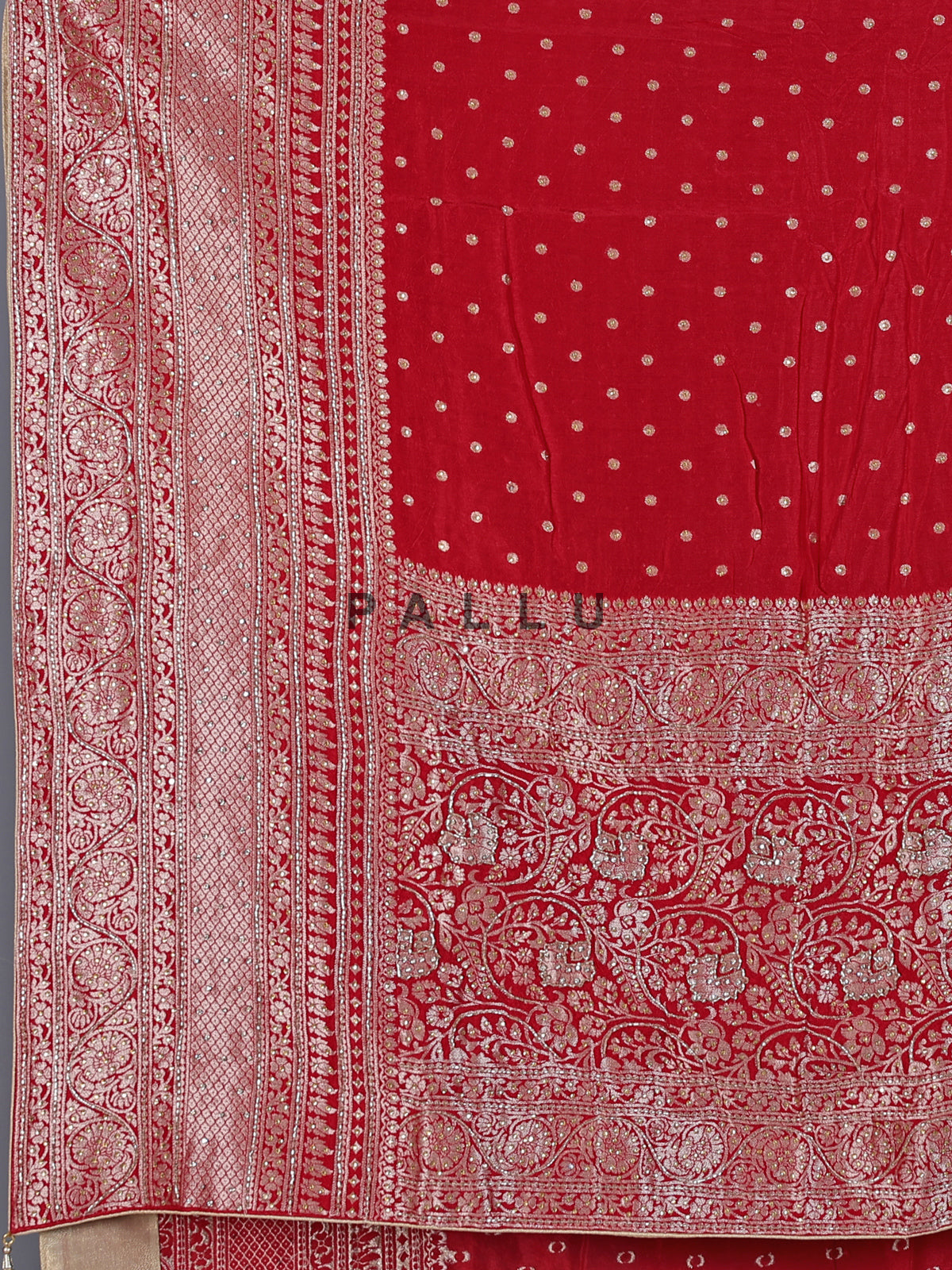 Red dola silk saree with elegant zari butti detailing