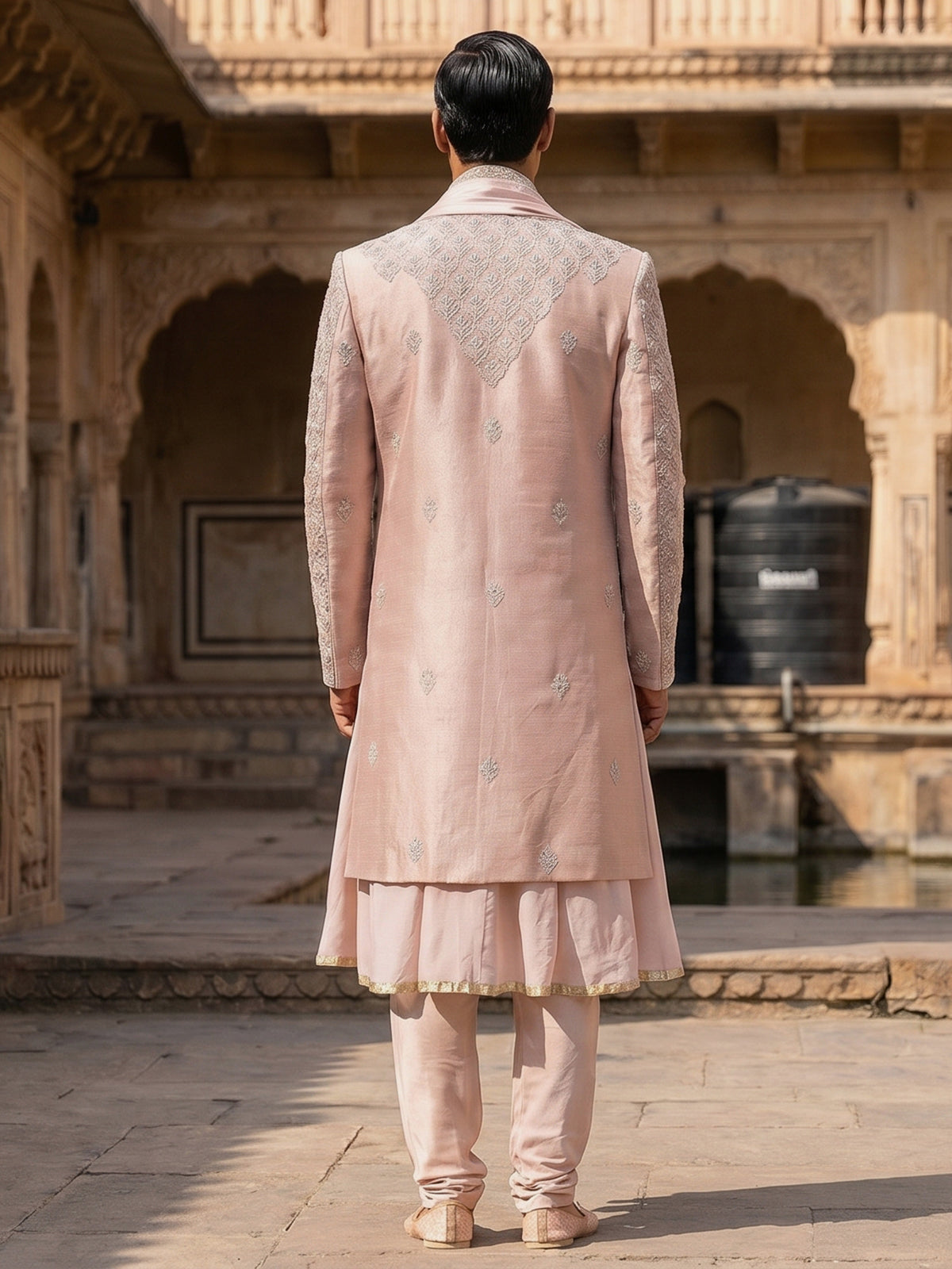Pink raw silk peshwai style sherwani with dupatta