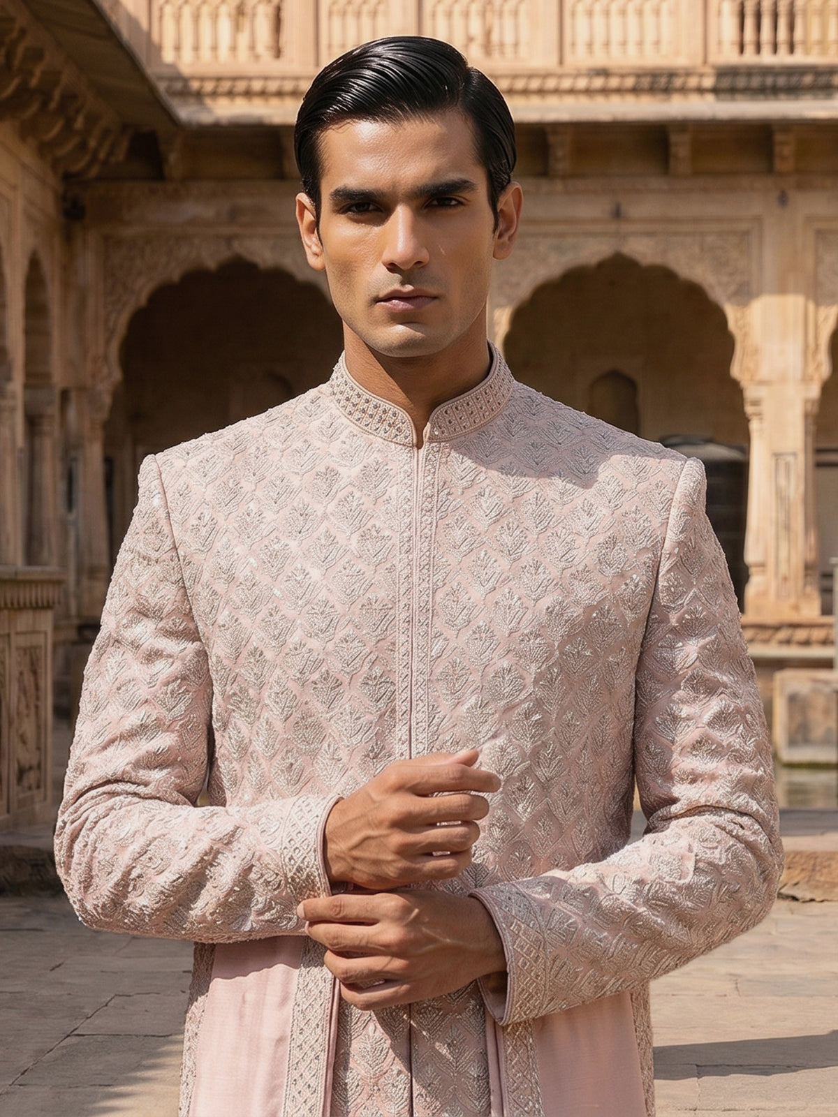 Pink raw silk peshwai style sherwani with dupatta