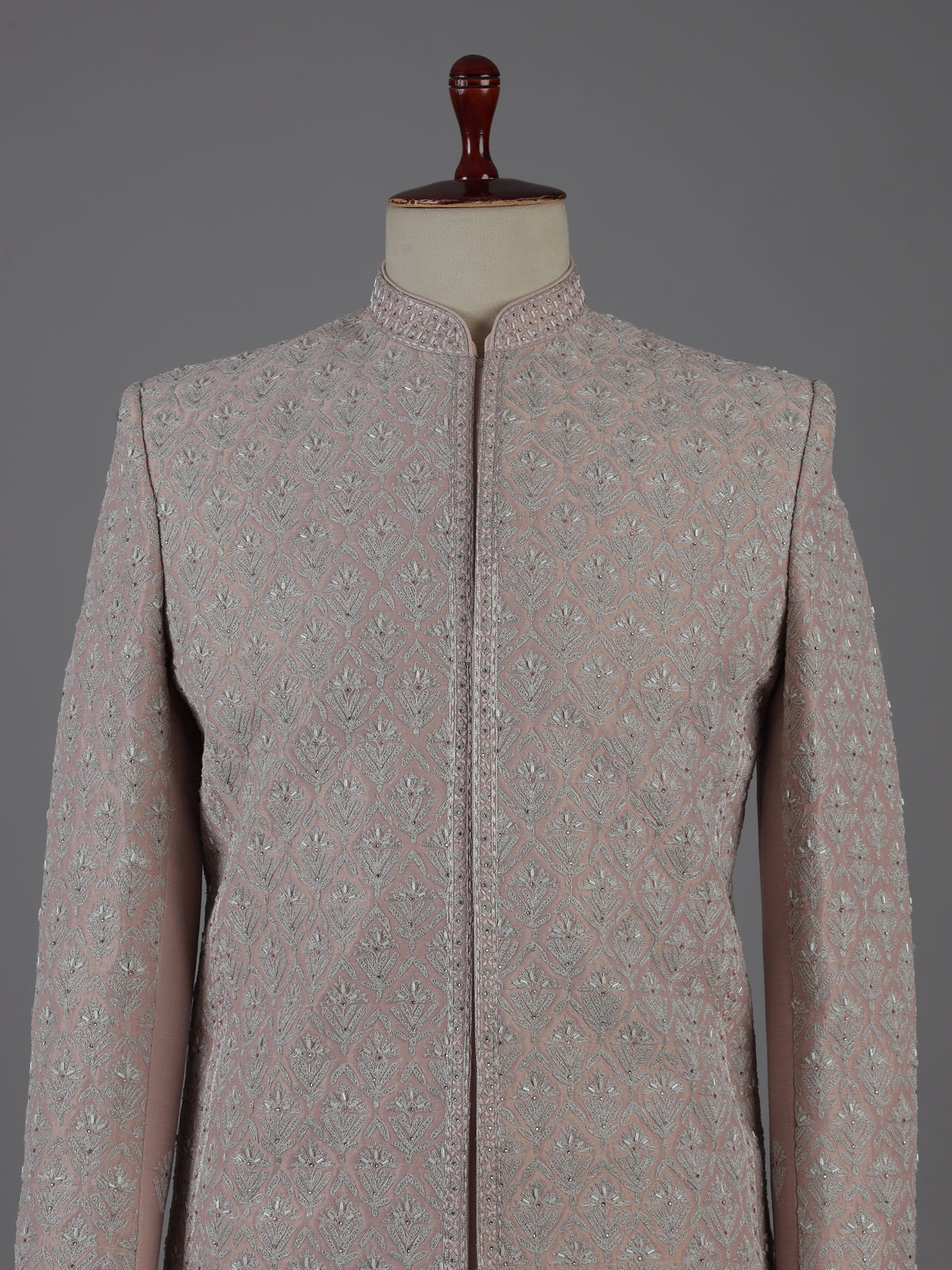 Pink raw silk peshwai style sherwani with dupatta
