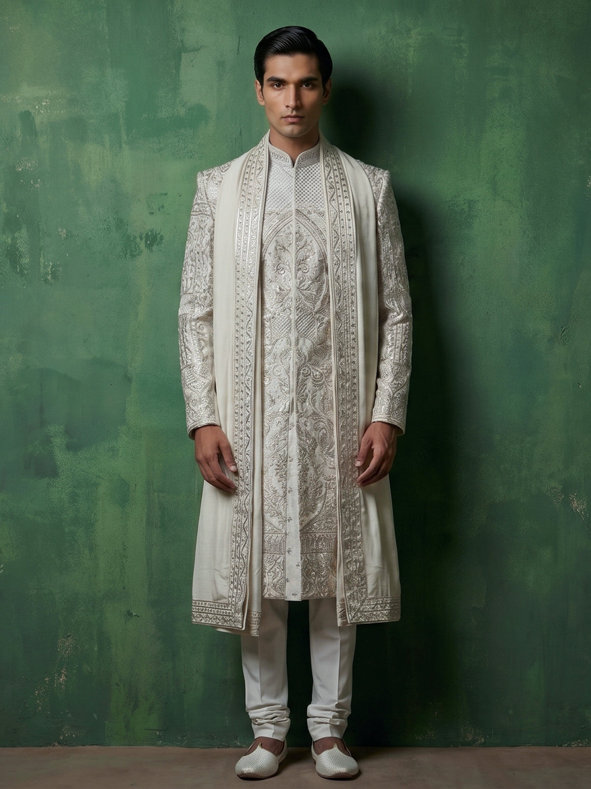 Light grey silk sherwani with elephant motif elegance
