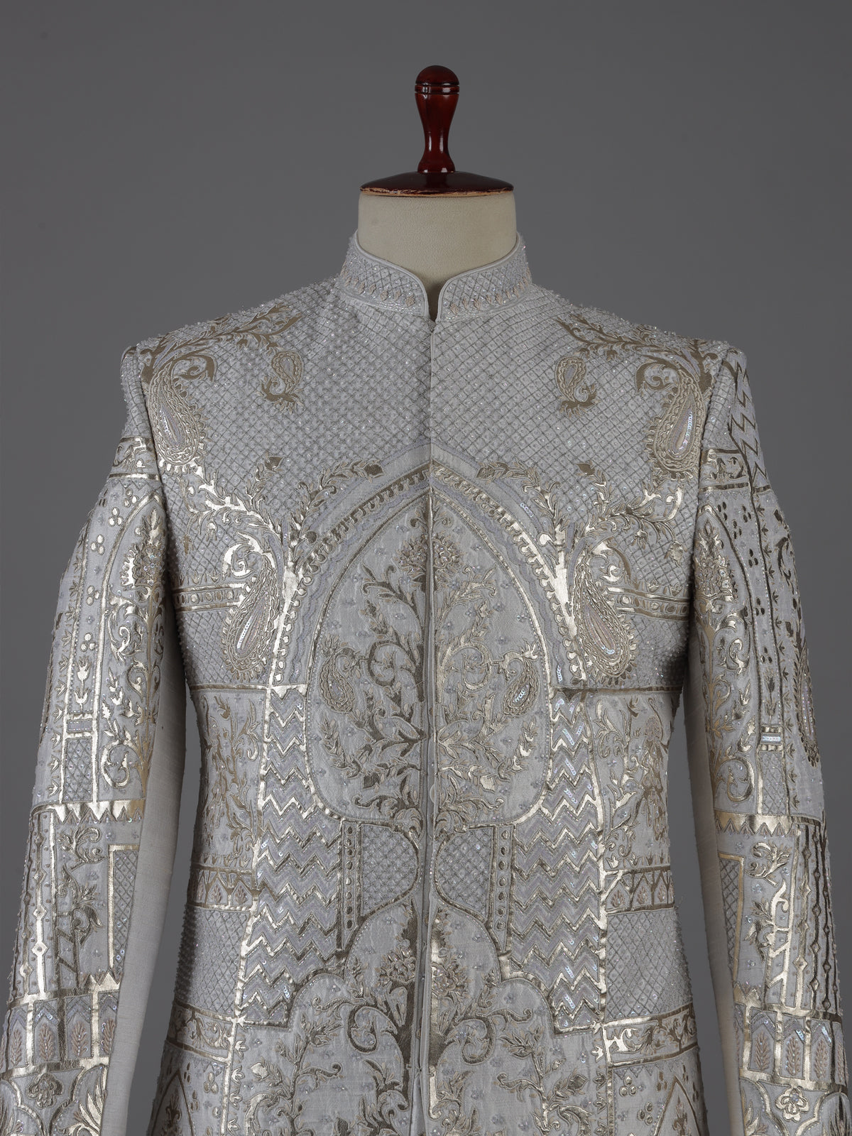 Light grey silk sherwani with elephant motif elegance