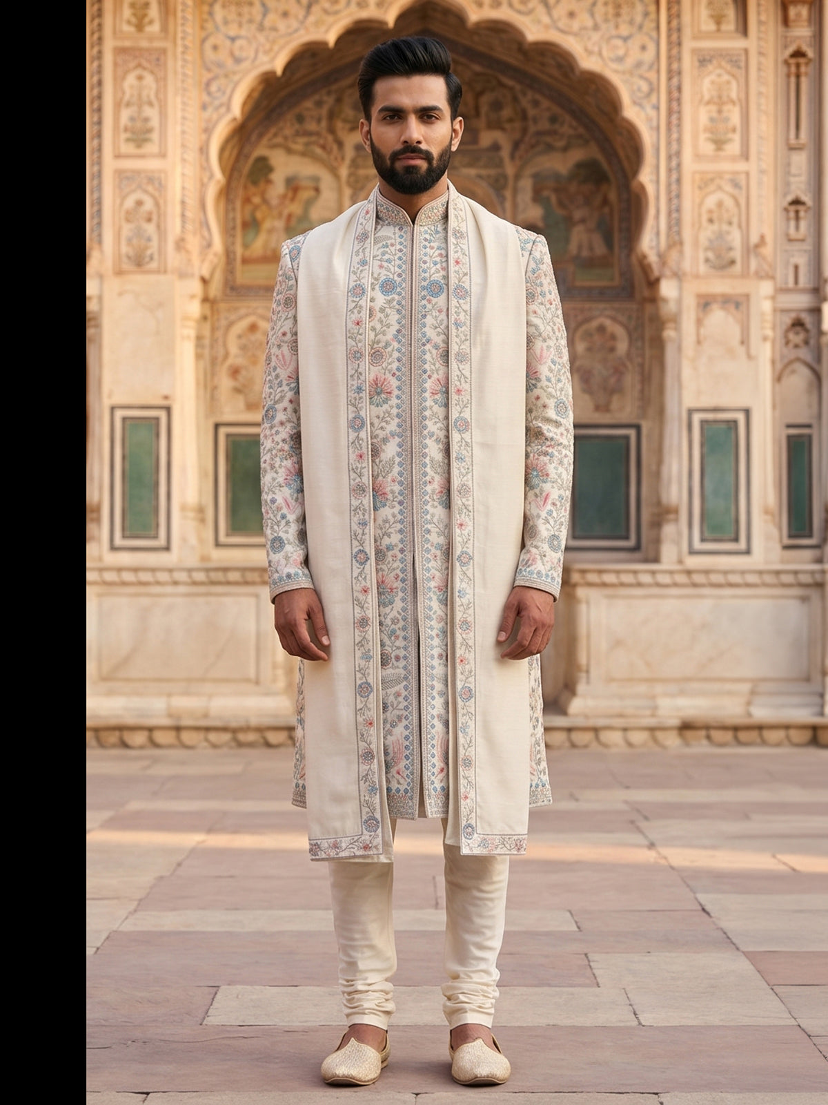 Cream raw silk embellished sherwani with dupatta set