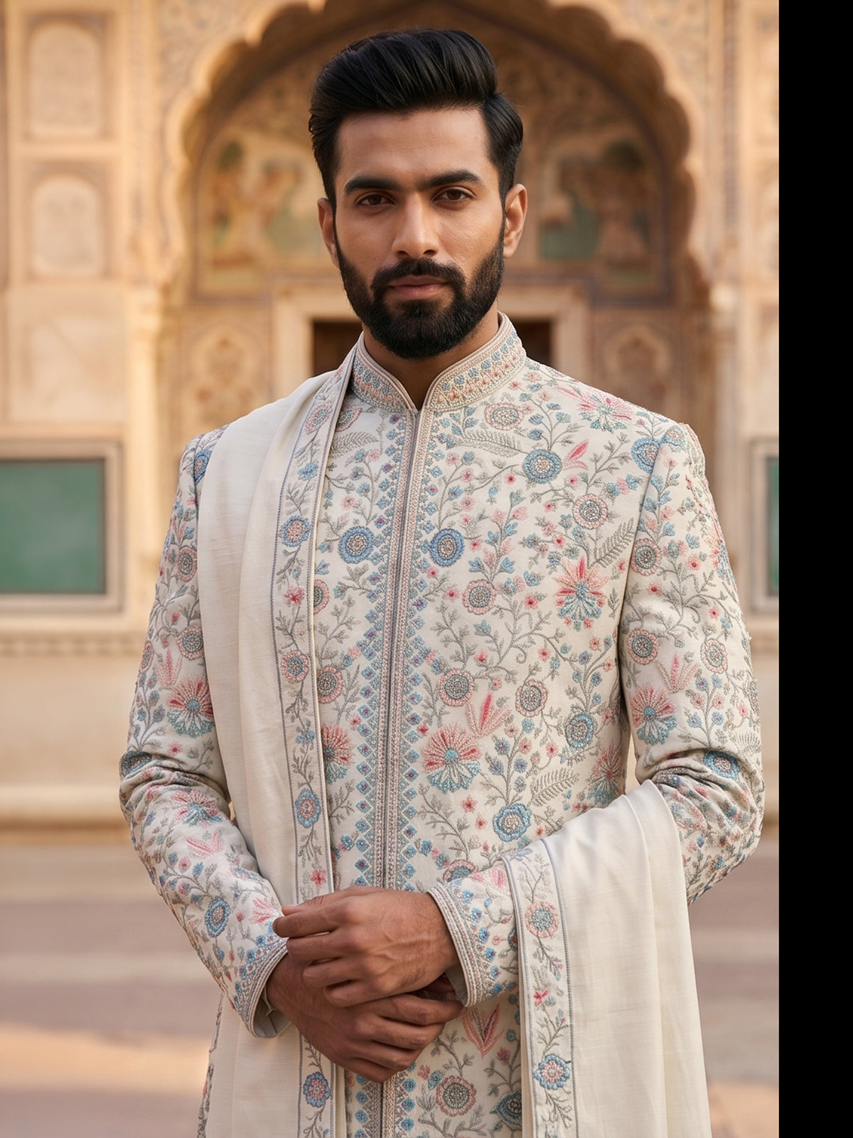 Cream raw silk embellished sherwani with dupatta set