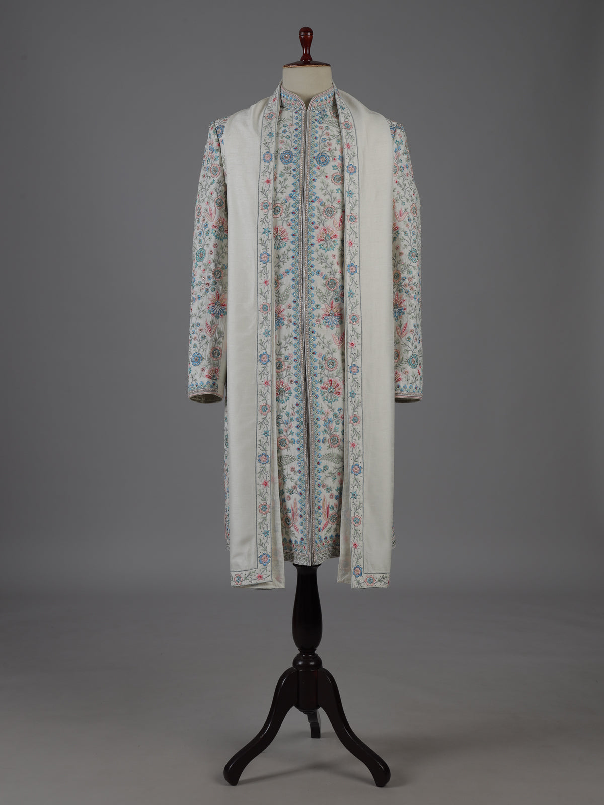 Cream raw silk embellished sherwani with dupatta set