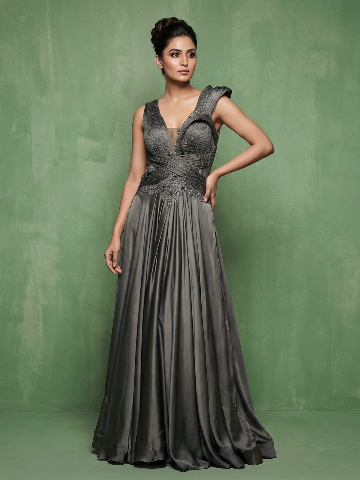 Charcoal grey satin silk designer floor length gown