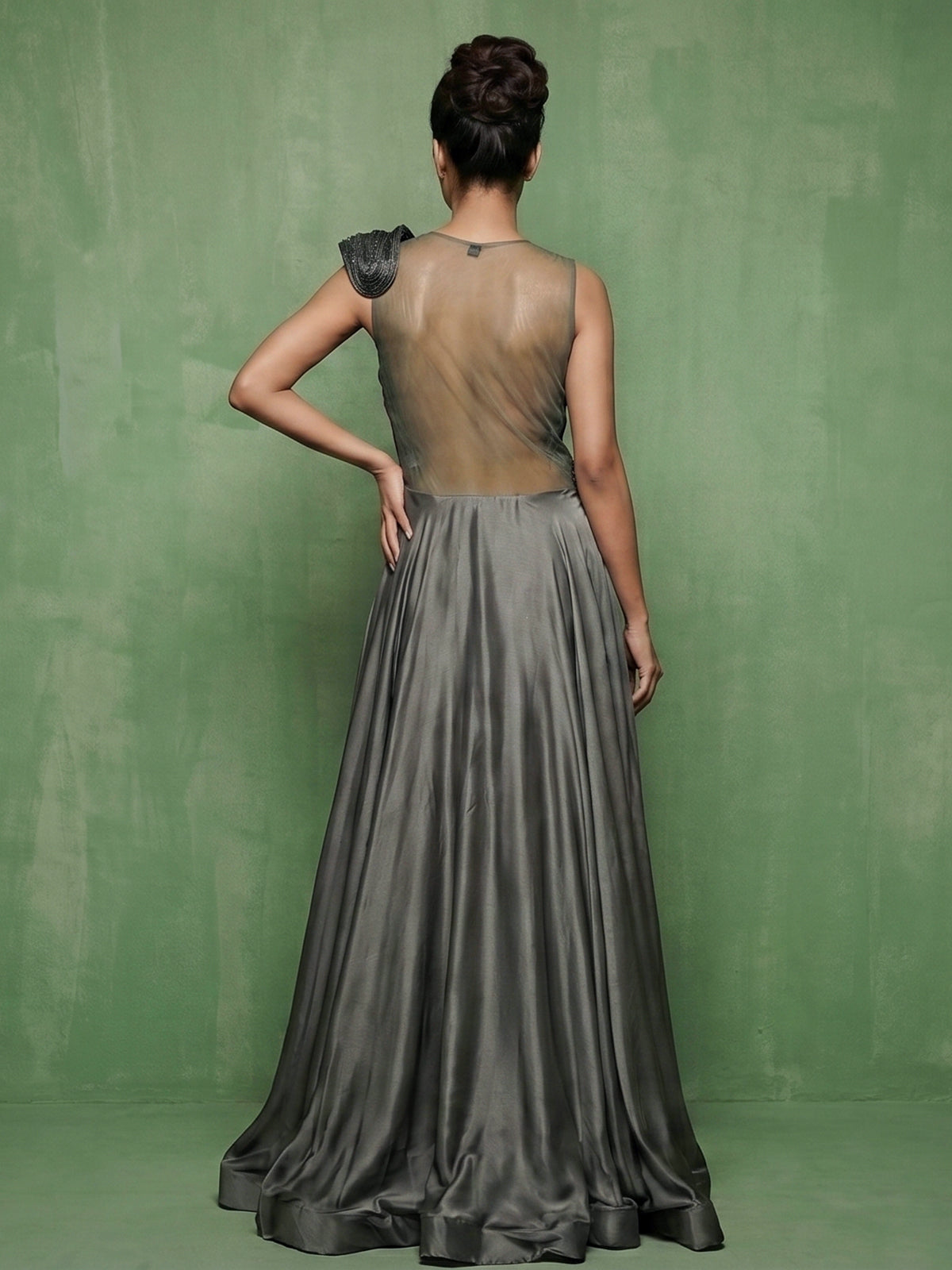 Charcoal grey satin silk designer floor length gown
