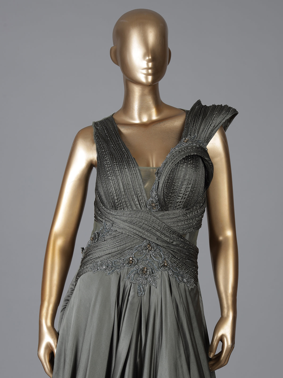 Charcoal grey satin silk designer floor length gown