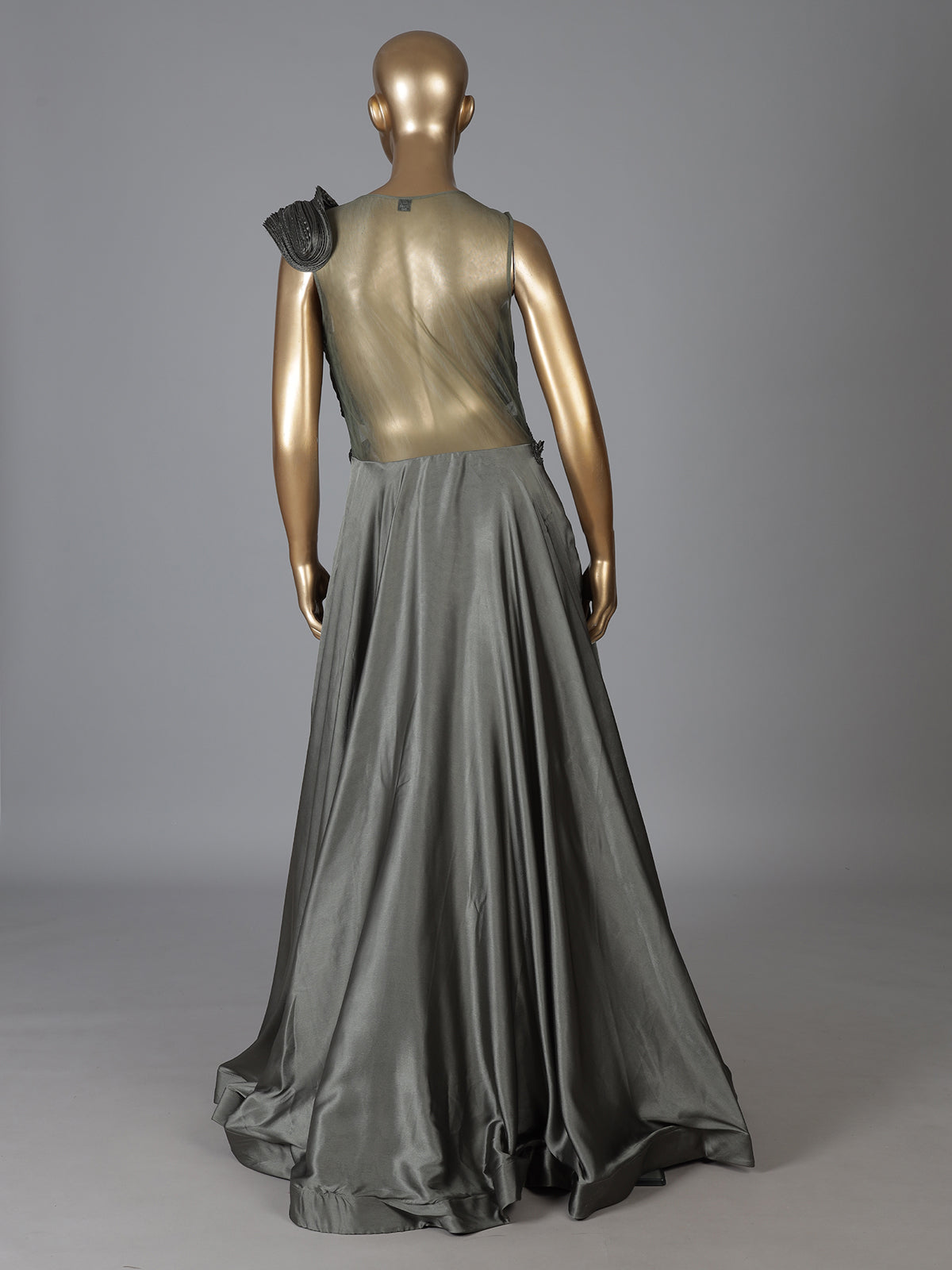 Charcoal grey satin silk designer floor length gown