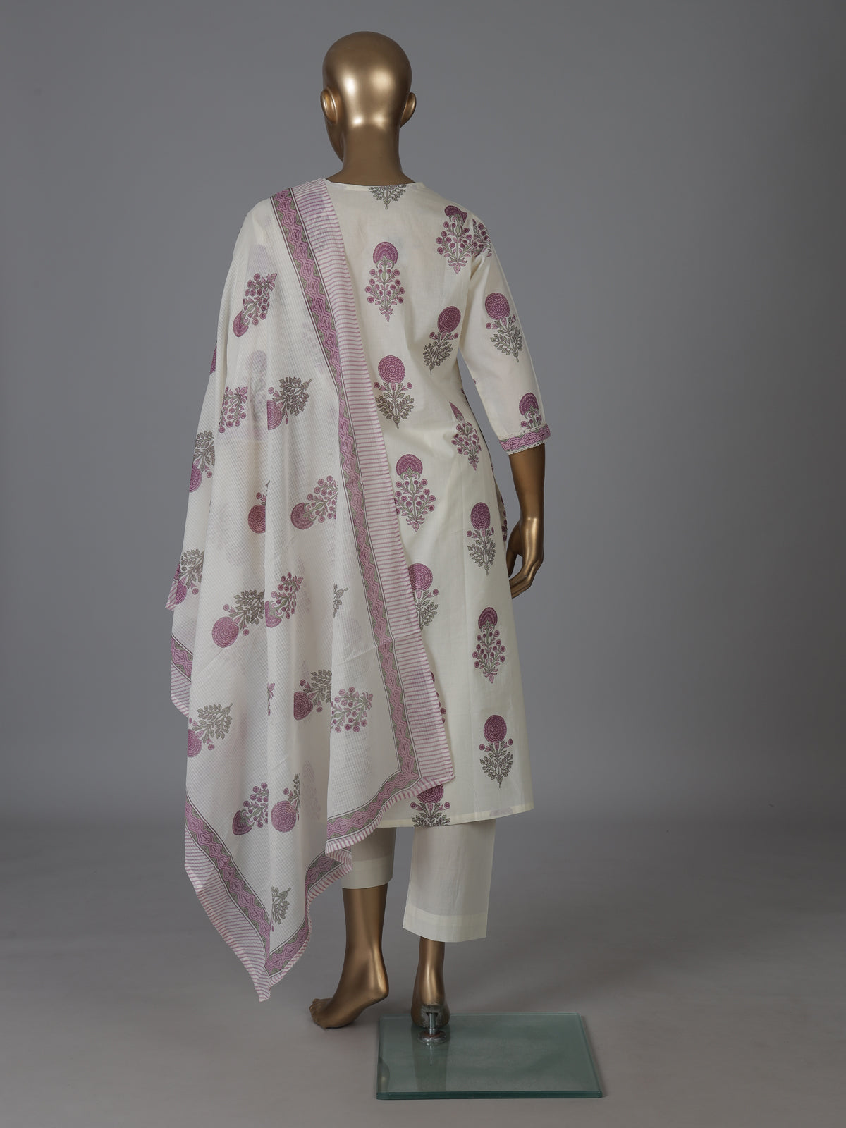 Cream and purple cotton soft floral kurti set with dupatta set