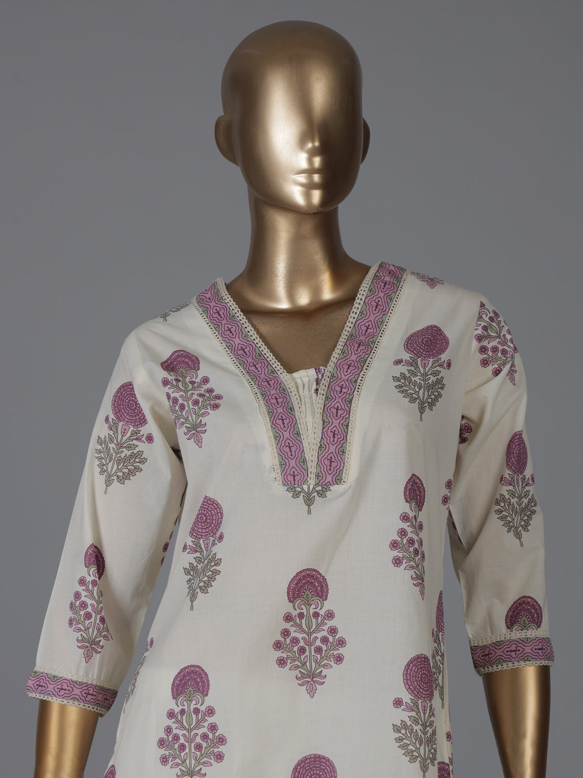 Cream and purple cotton soft floral kurti set with dupatta set