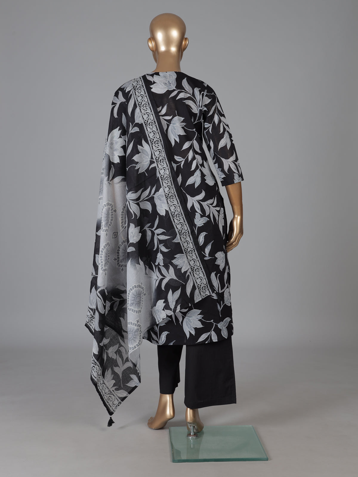 Black cotton stylish floral printed kurti set with dupatta