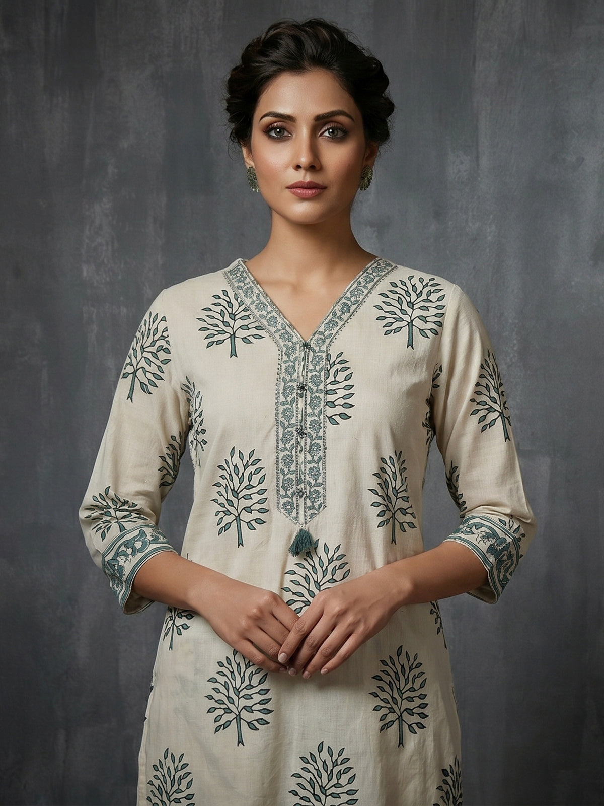 Cream and sage green cotton subtle kurti set with dupatta set