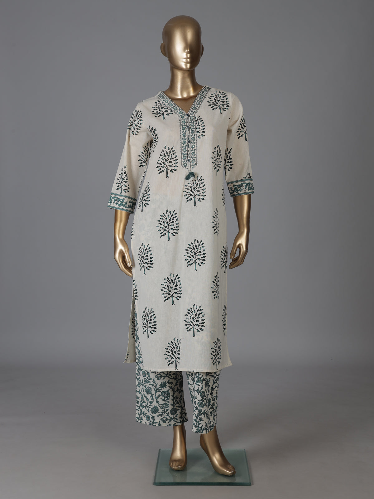 Cream and sage green cotton subtle kurti set with dupatta set