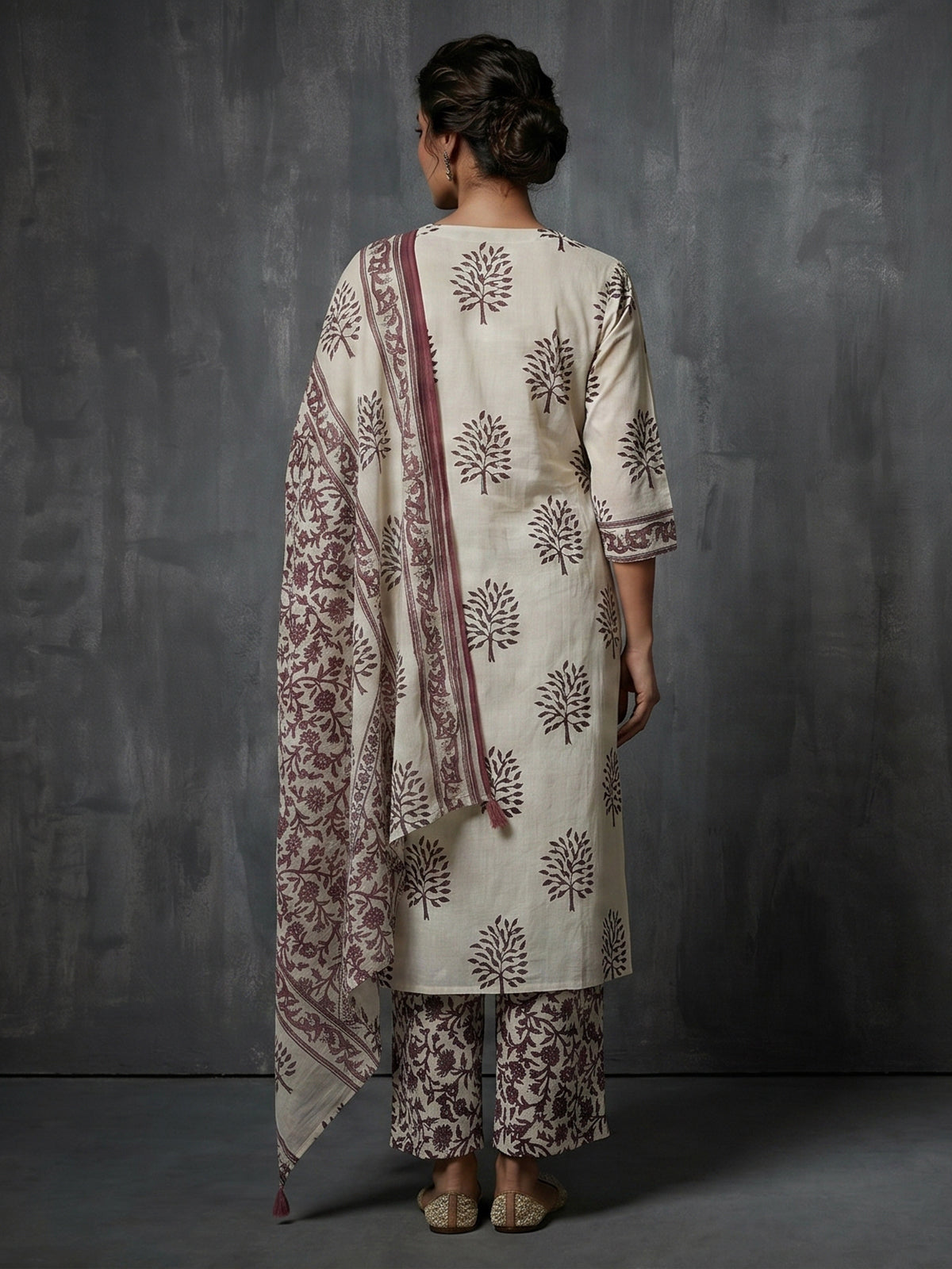 Cream and wine cotton elegant printed kurti set with dupatta
