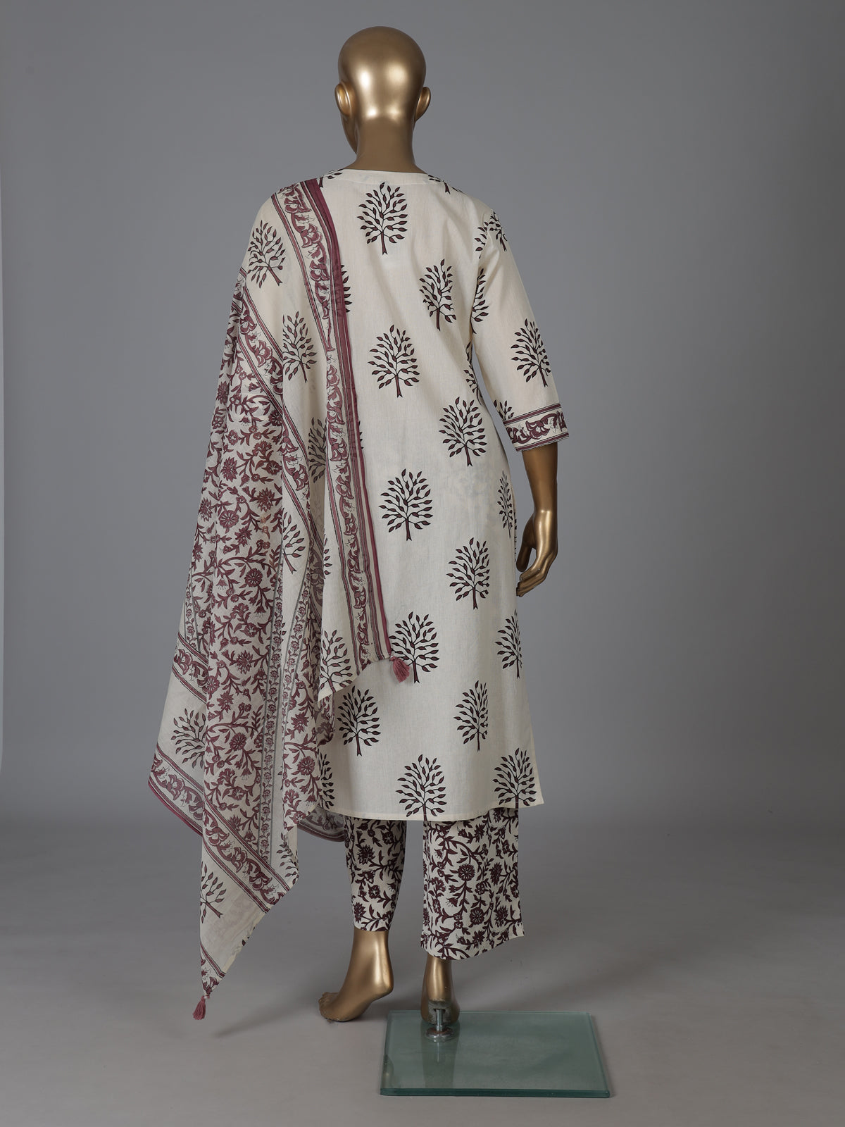 Cream and wine cotton elegant printed kurti set with dupatta