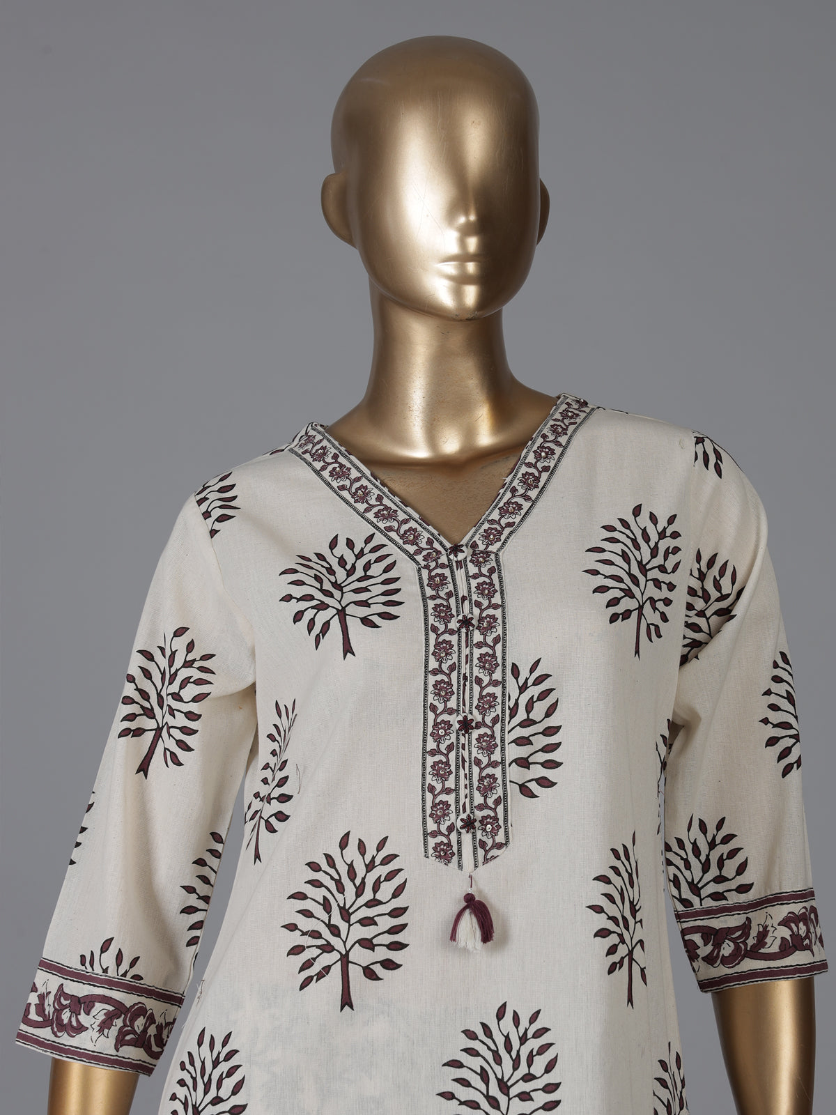 Cream and wine cotton elegant printed kurti set with dupatta