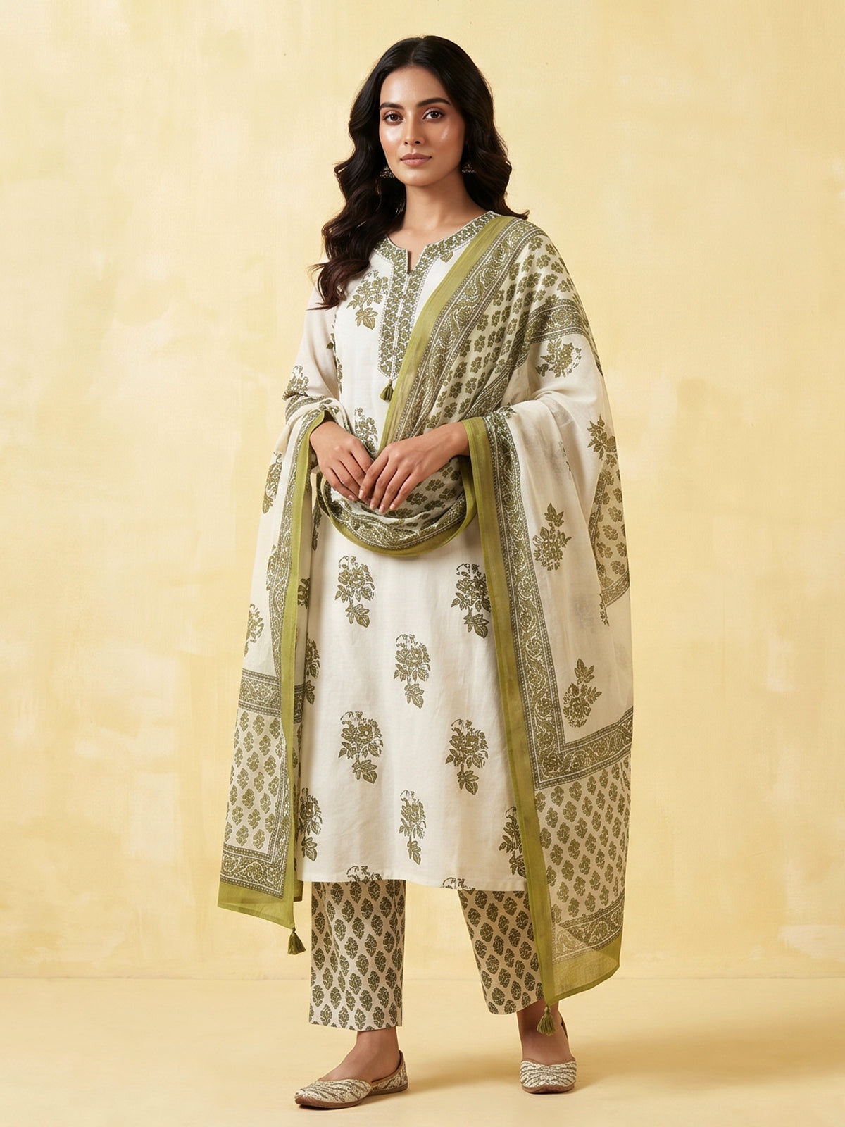 Cream and green cotton fresh floral kurti set with dupatta set