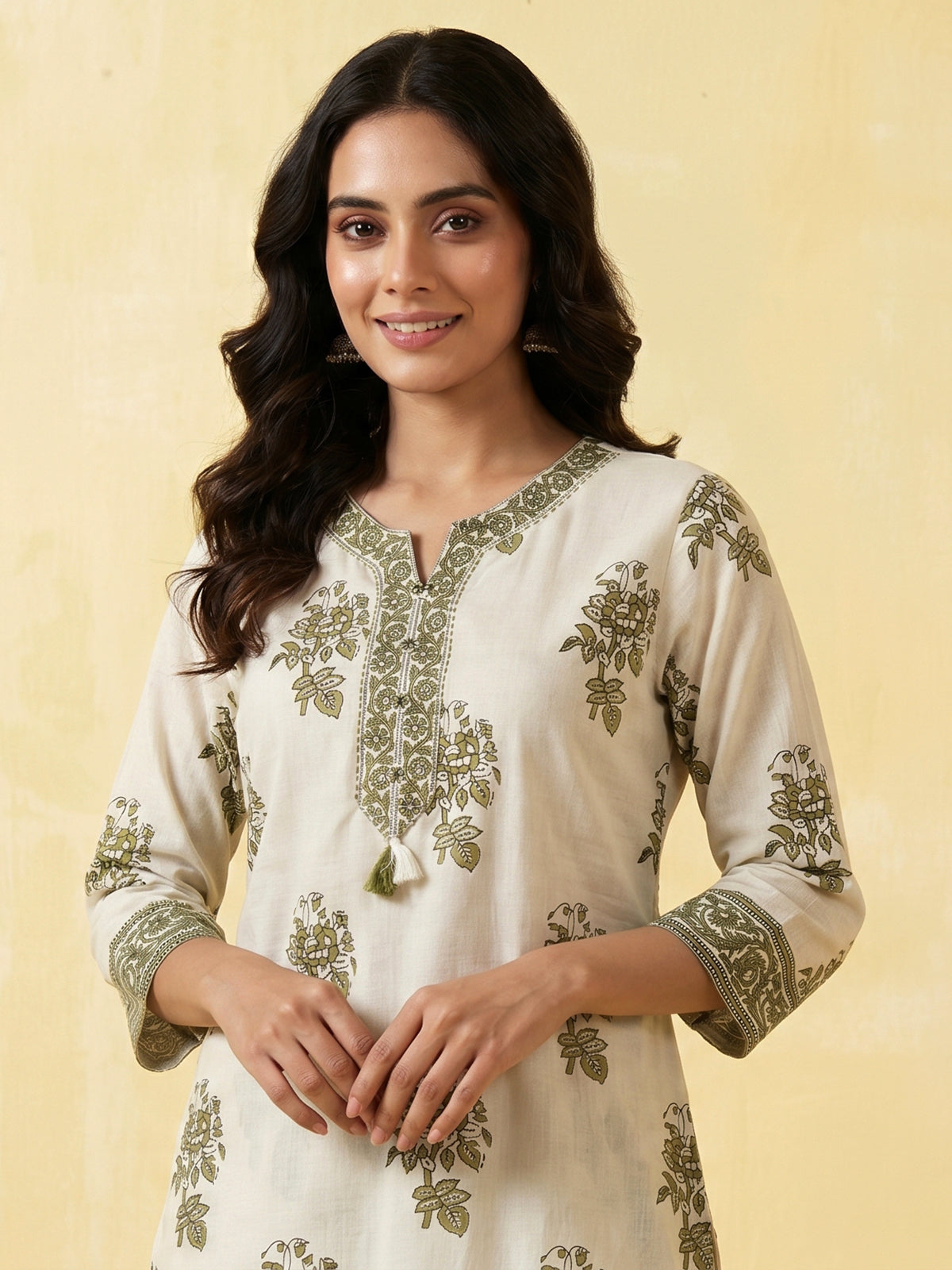 Cream and green cotton fresh floral kurti set with dupatta set