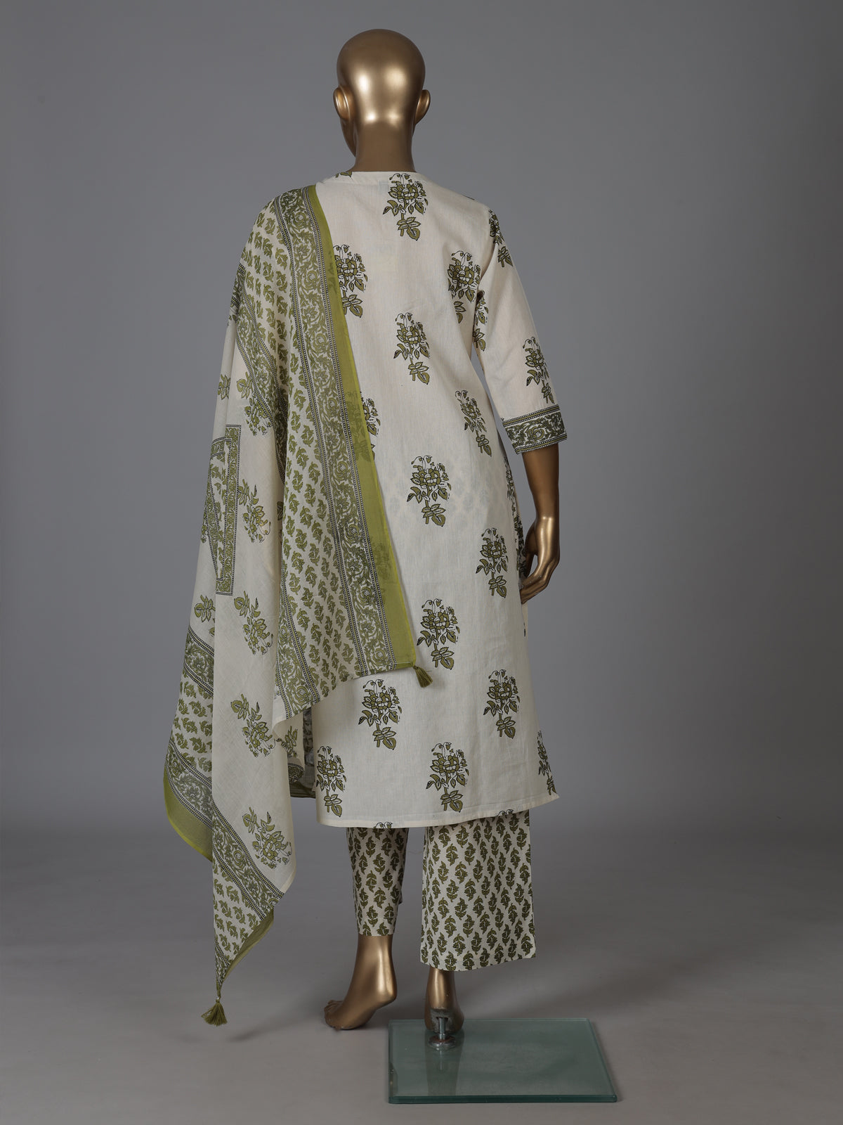 Cream and green cotton fresh floral kurti set with dupatta set