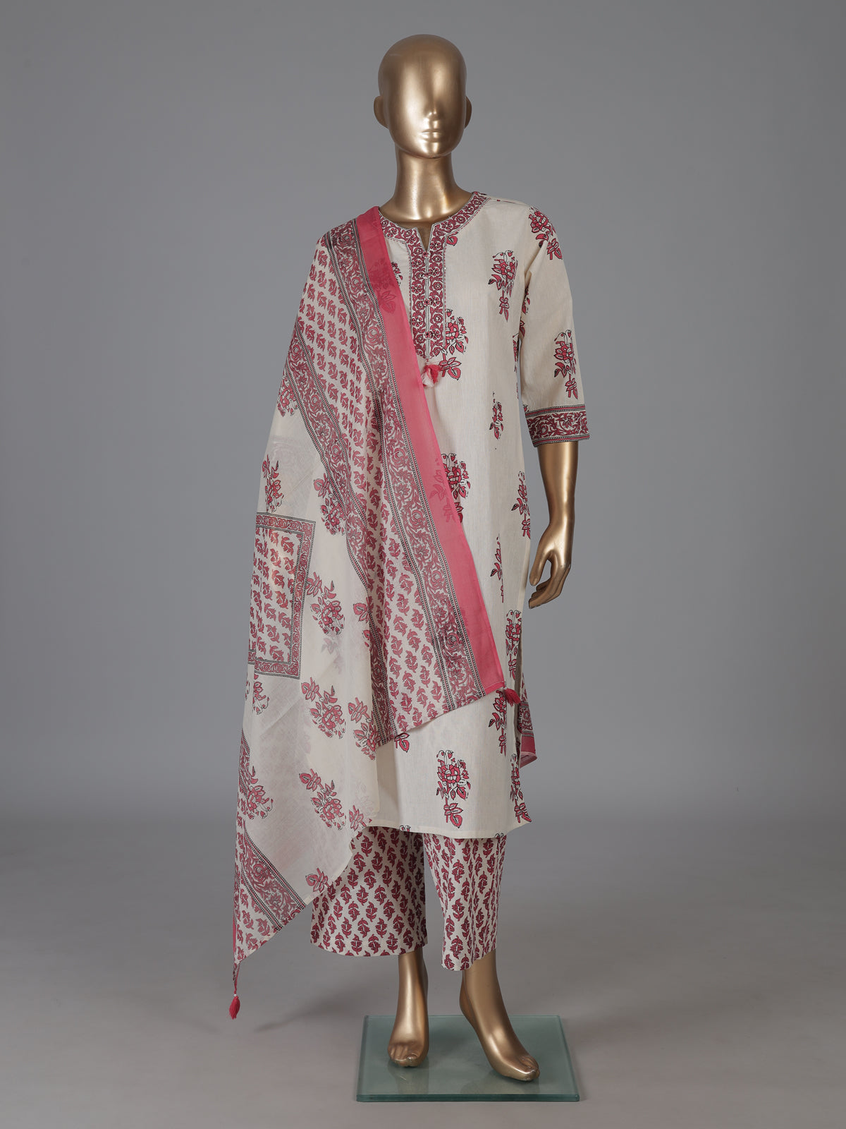 Cream and pink cotton charming sweetheart kurti set