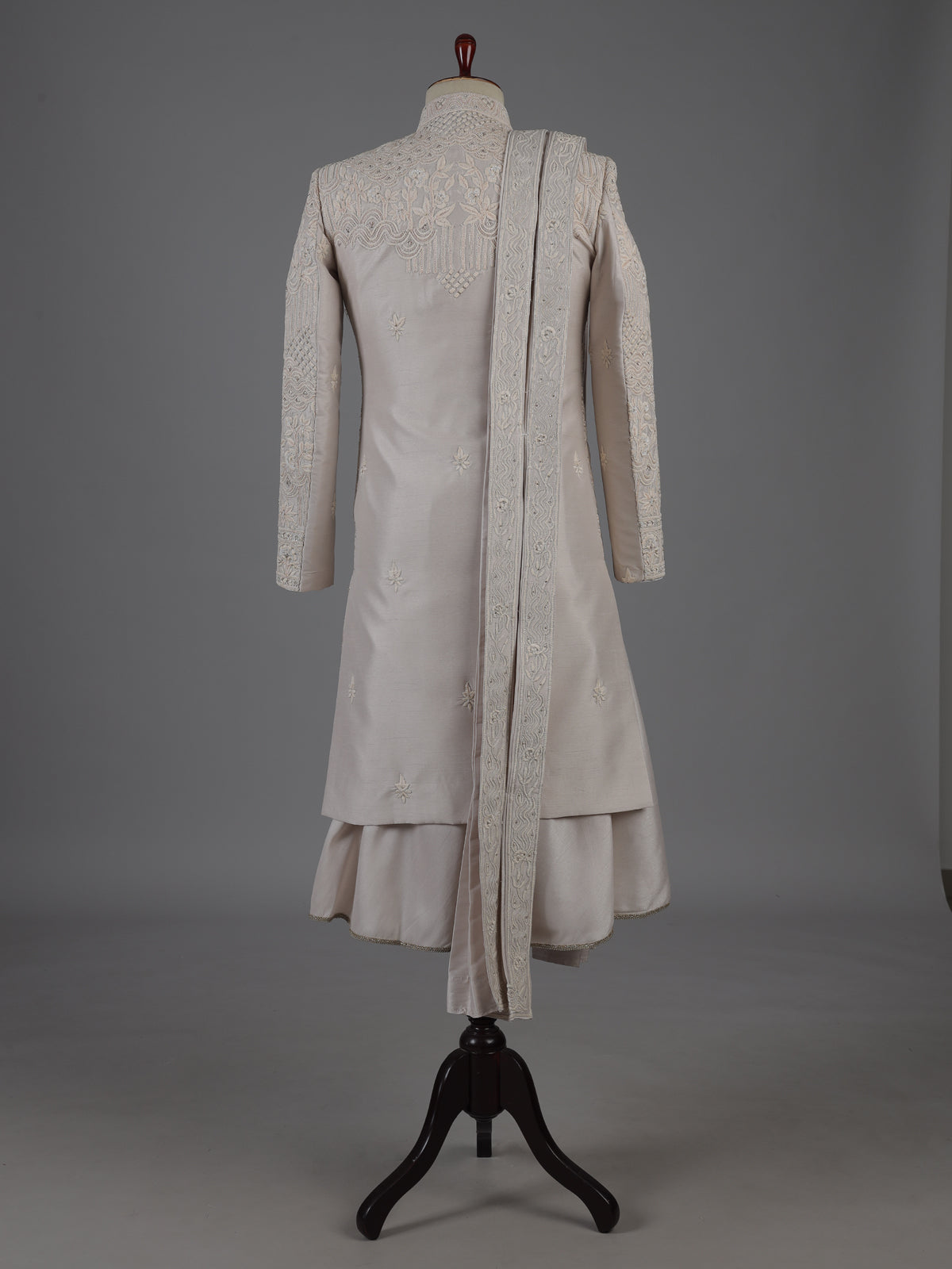 Beige raw silk peshwai style sherwani with dupatta set